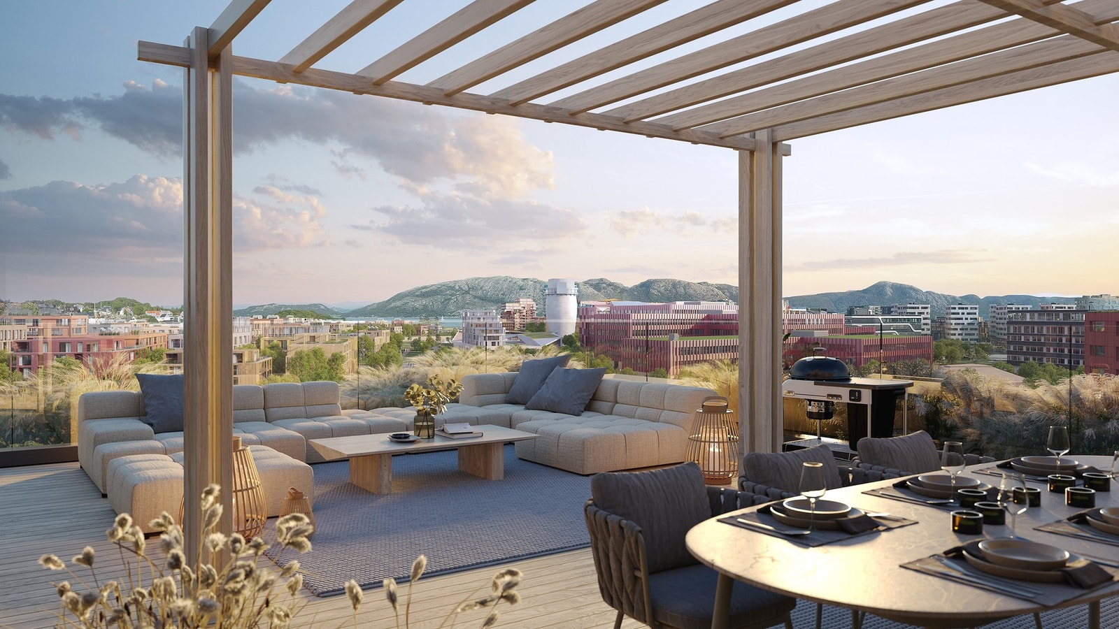 Illustrasjon felles takterrasse - trinn 3. Merk at illustrasjonen viser møblering, elementer og materialer som ikke er en del av standardleveranser i prosjektet. Galleribilde
