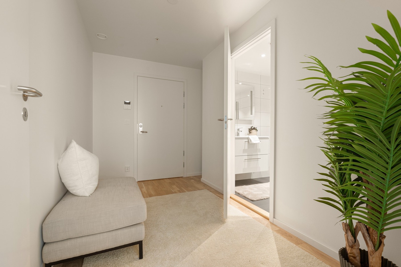 Leiligheten har en innbydende entré med 3-stavs parkett på gulv og malte overflater på vegger og i himling. Galleribilde