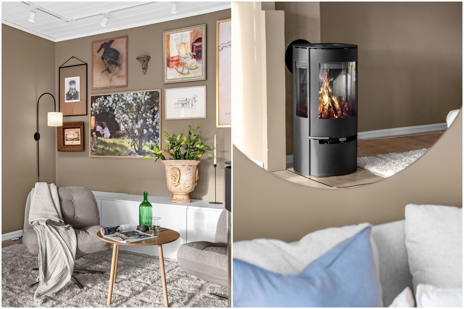En peisovn fra 2020 med glass på tre sider sørger for ekstra varme og et hyggelig blikkfang. Galleribilde
