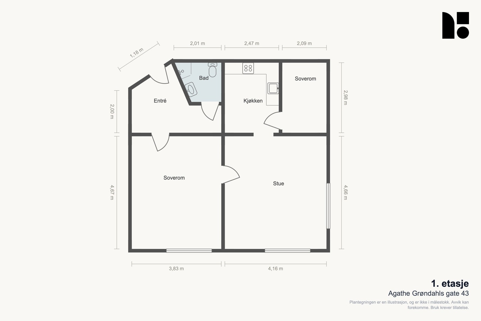 Boligen har en god planløsning med store rom og en generøs takhøyde på hele 2,81 meter. Galleribilde