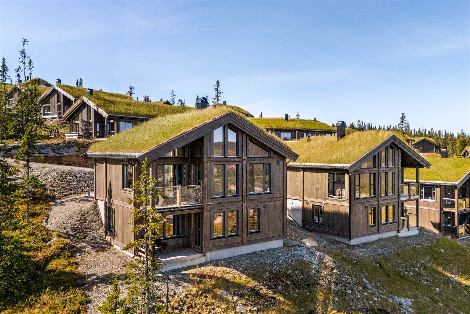 Etablert hytteområde på Kvitfjell Varden med harmonisk tunstruktur. Galleribilde