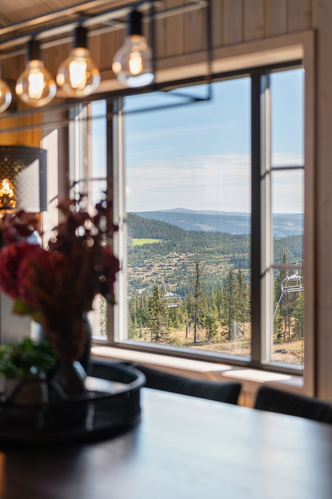 Utsikt rett mot alpinanleggets heis og traséer fra spisestuevinduet. Galleribilde