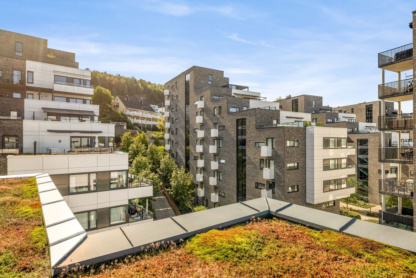 Her får beboerne et hyggelig felles uteområde høyt over bebyggelsen, velegnet for avslapning og sosialt samvær i sommerhalvåret. Galleribilde