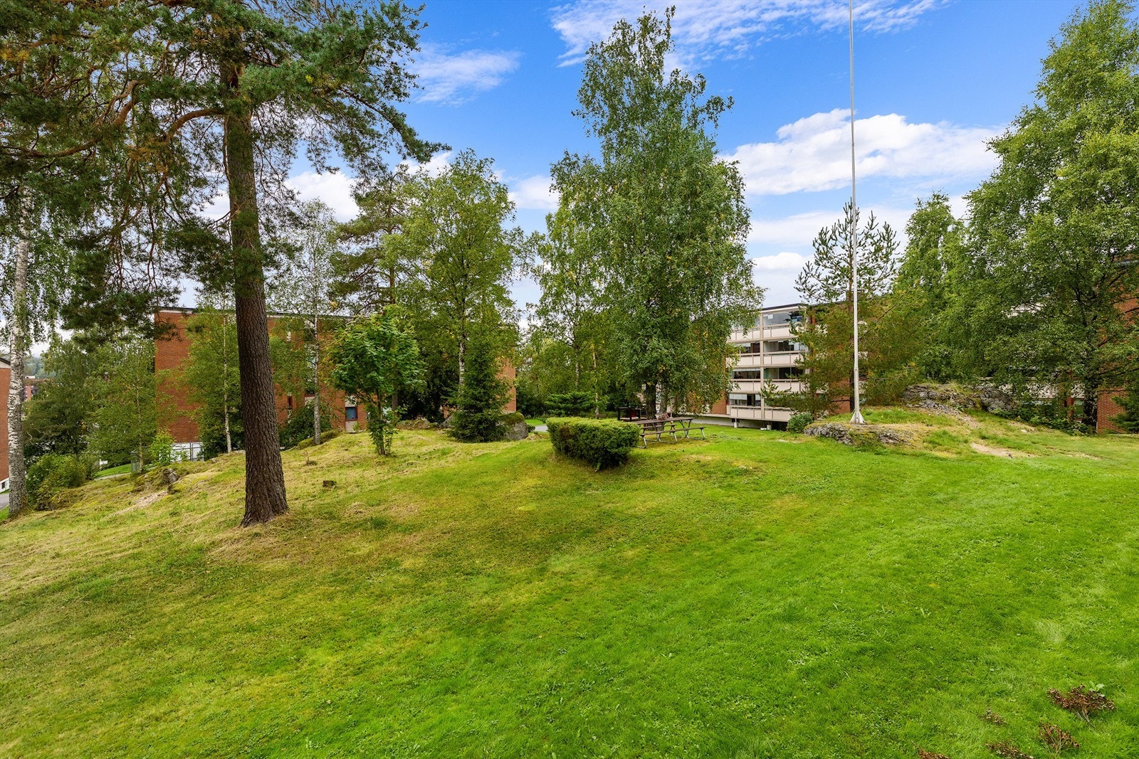 Fellesarealene er pent opparbeidet med plen, trær og beplantning. Galleribilde