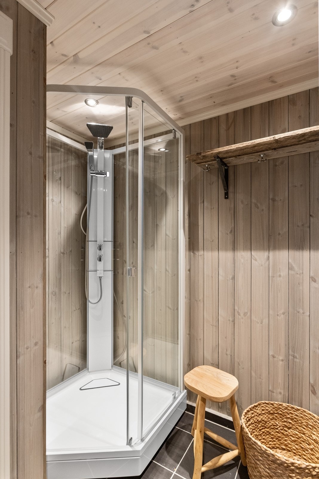 Dusjhjørne med kabinett og gulvmontert toalett på badet i første etasje. Galleribilde