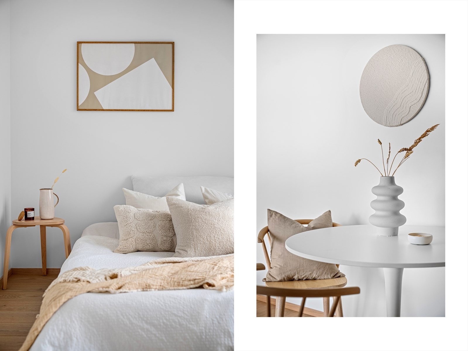 Leiligheten oppleves gjennomført og delikat, og er innredet med en moderne skandinavisk stil, med slette, lyse flater og én-stavs parkettgulv som går igjen i alle tørre rom. Galleribilde
