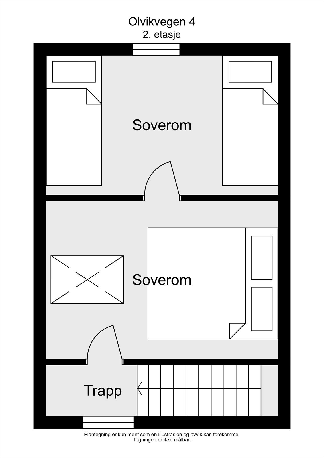 Loftsetasjen inneholder trapperom og to innredede rom. Galleribilde