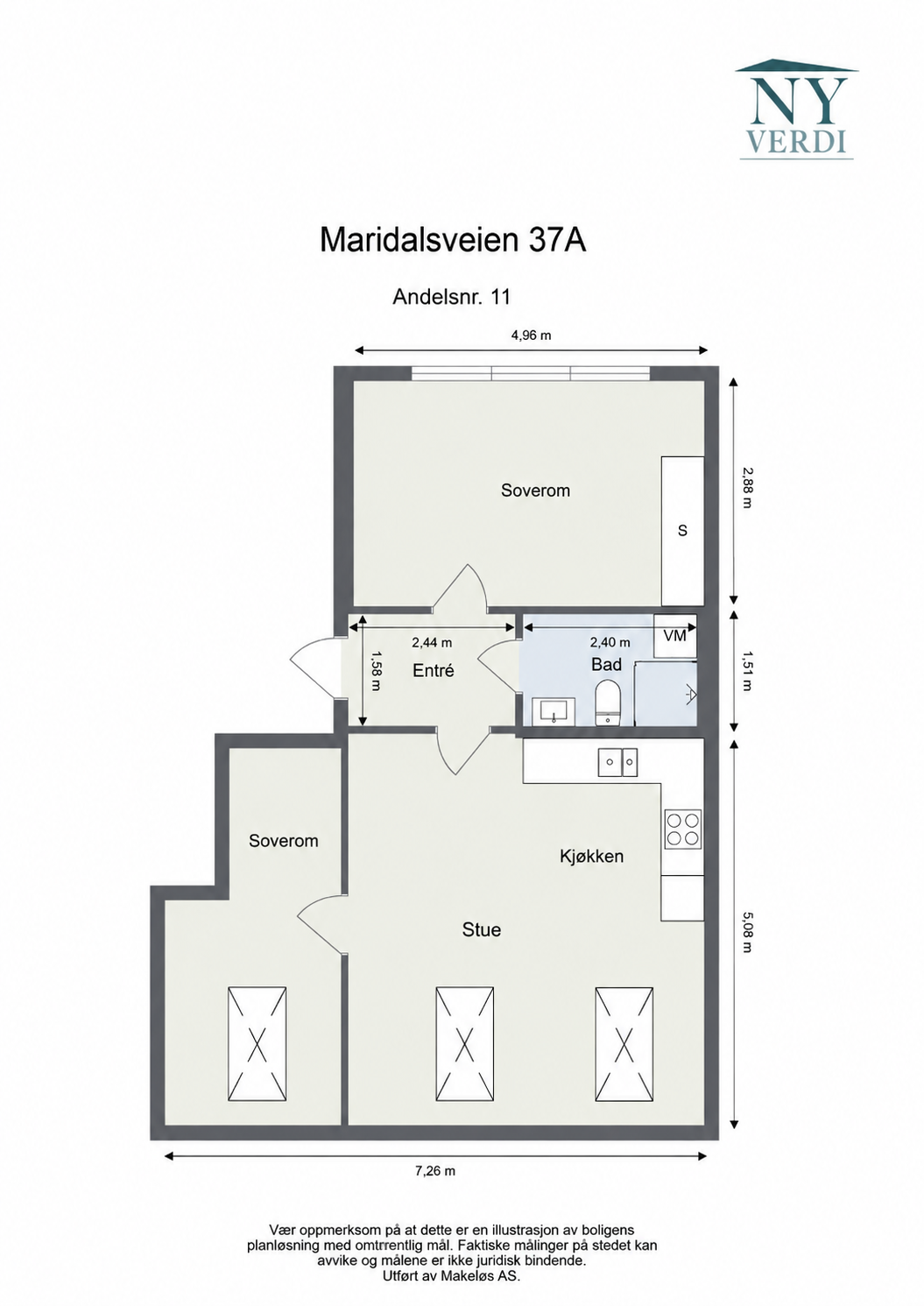 Plantegning ved opprettelse av 3-roms leilighet. Heimstaden kan uten kostnad etablere ekstra soverom dersom det er aktuelt for kjøper. Løsningen vil bli slik den er skissert på denne tegningen. Galleribilde