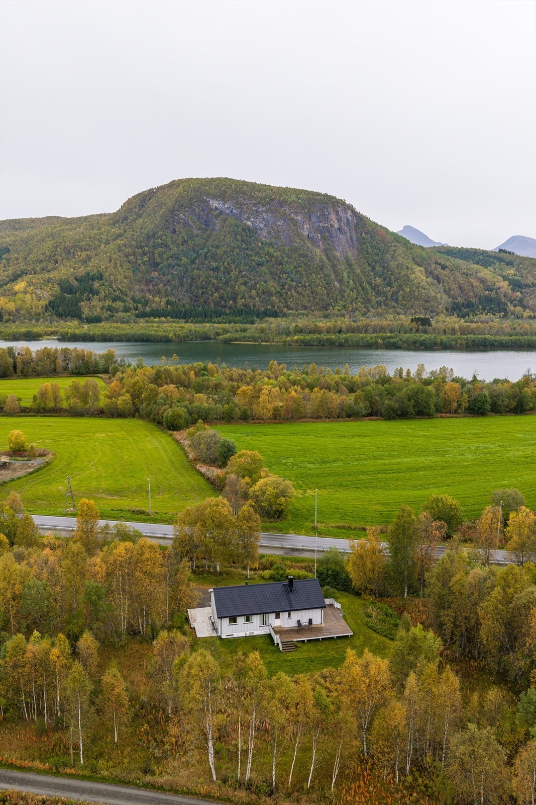 Frodig tomt omkranset av skog og åpne åkerlandskap langs elva. Galleribilde