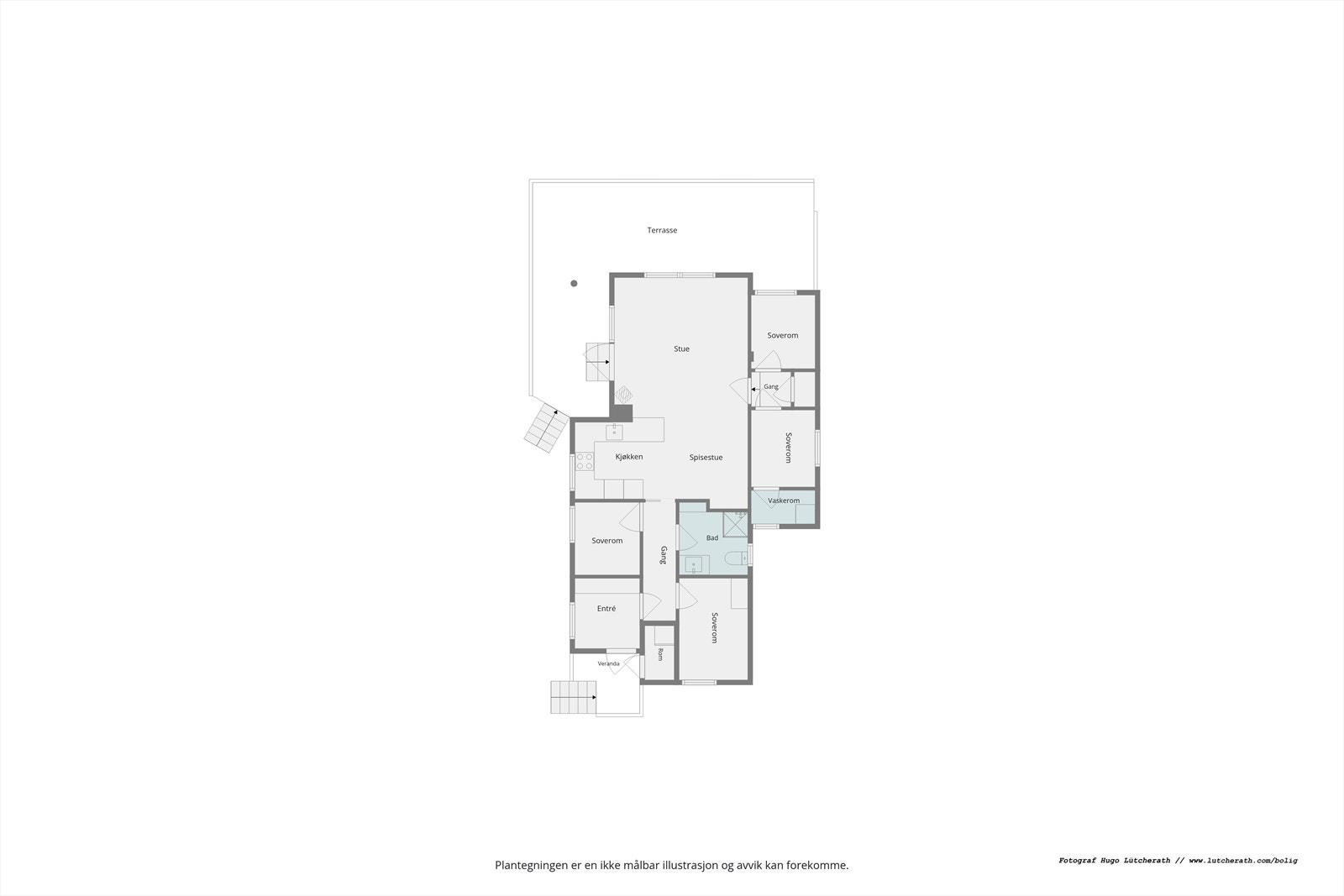 Planløsningen består av entré, gang, bad, fire soverom og en åpen stue- og kjøkkenløsning som gir god plass til familie og gjester. Galleribilde