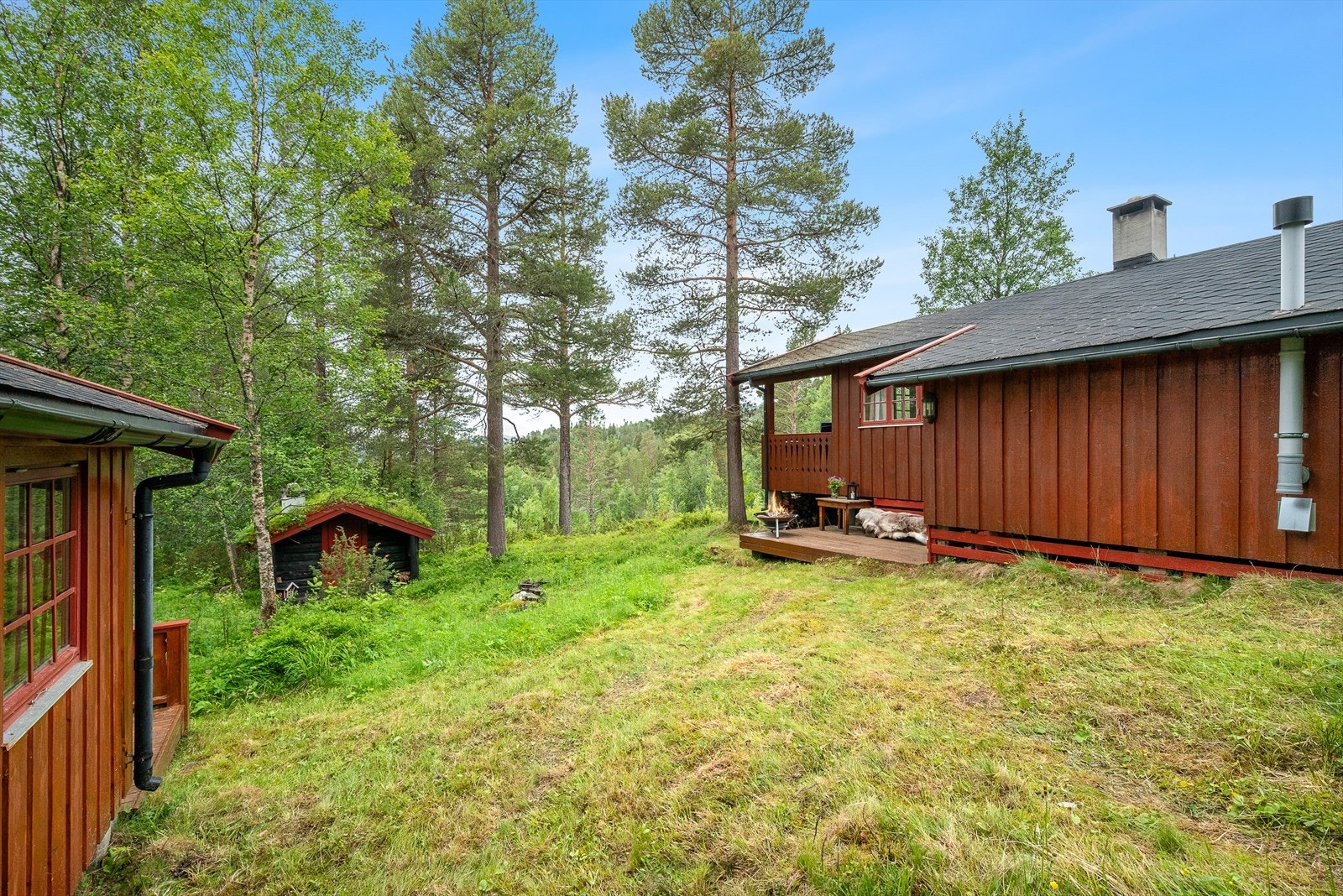 På tomten er det bygd en hytte og to anneks. Det svarte "annekset" står utenfor tomtegrensen. Kjøper overtar ansvar, risiko og evt. konsekvenser knyttet til dette. Konf. megler. Galleribilde