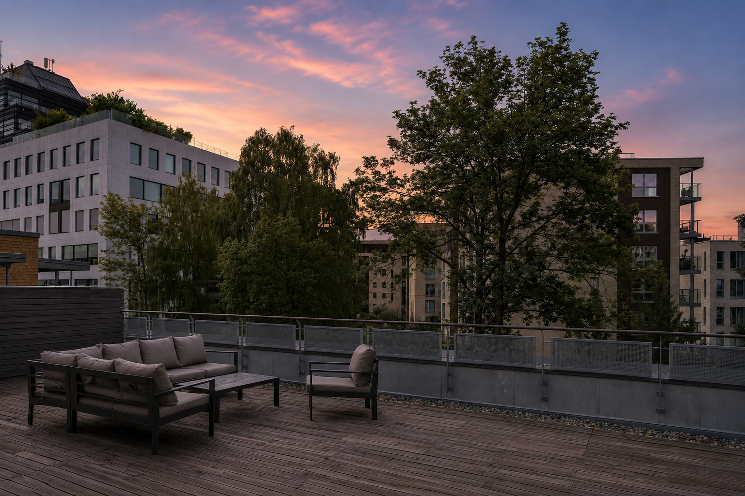 Illustrasjon av takterrassen med stemningsfull kveldsbelysning. Galleribilde