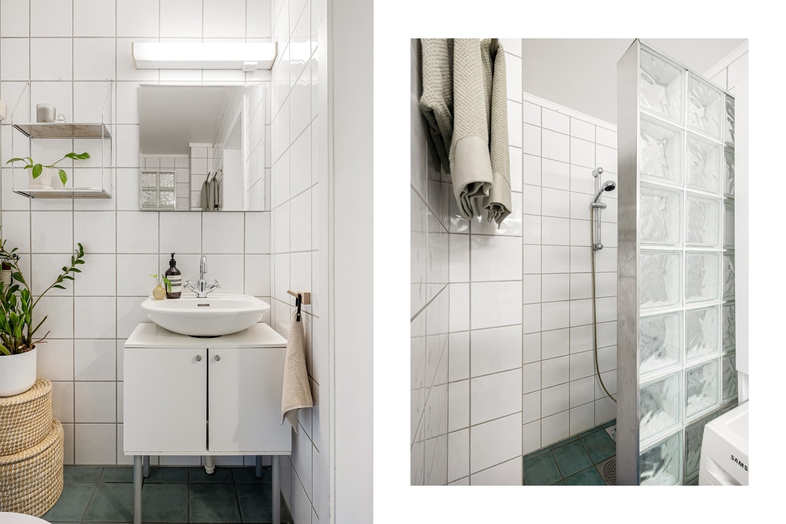 Badet inneholder dusjhjørne, veggmontert servant og gulvstående toalett. Det er opplegg for vaskemaskin Galleribilde