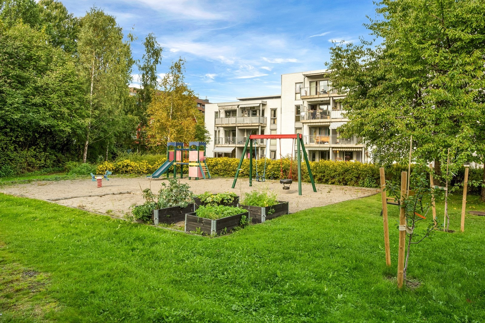 Felles lekeplass og opparbeidede uteområder i borettslagets bakgård. Galleribilde