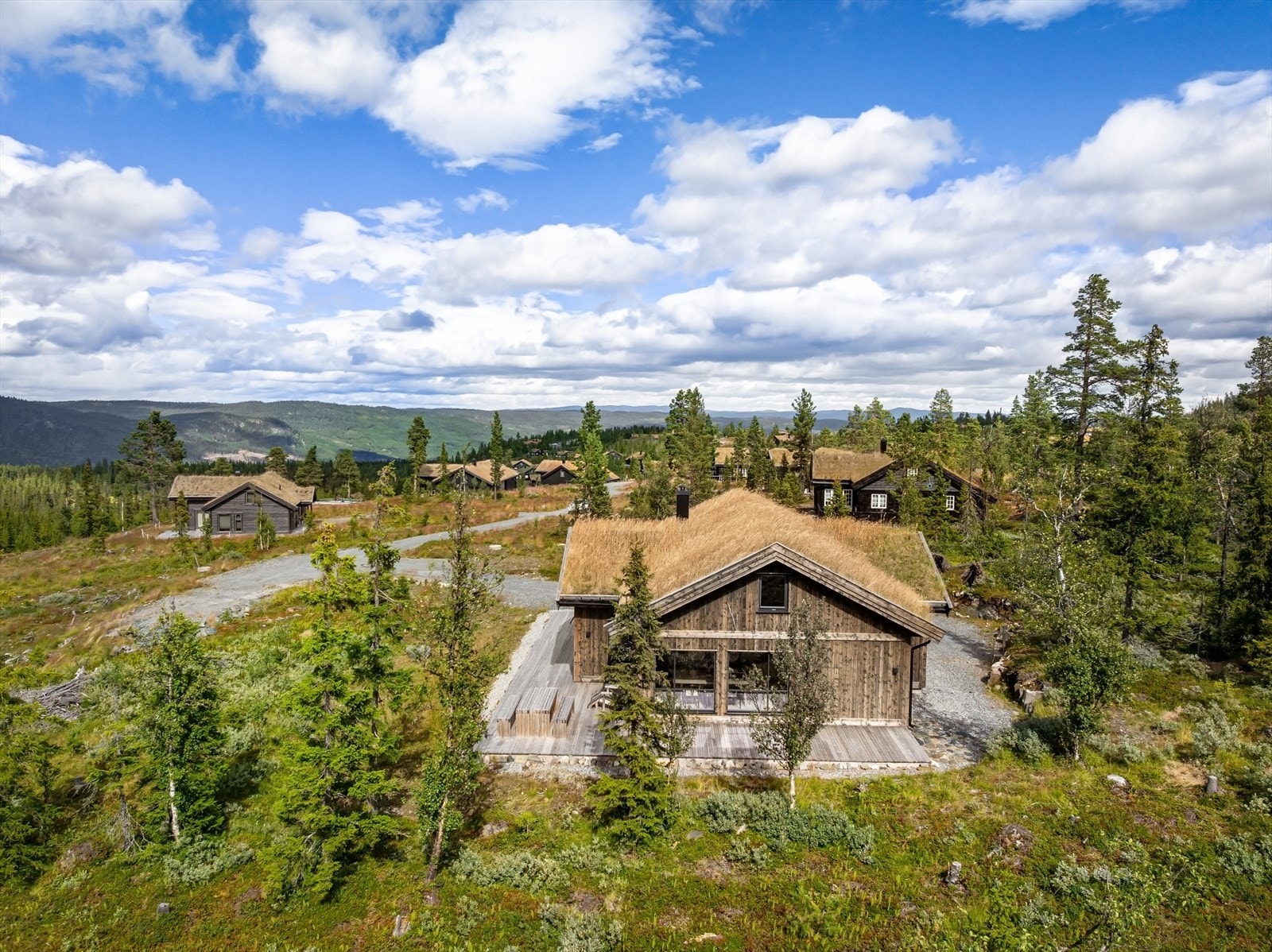Hytta er fra 2021 med tradisjonelt torvtak og flott plassering i terrenget på Nesfjellet. Galleribilde