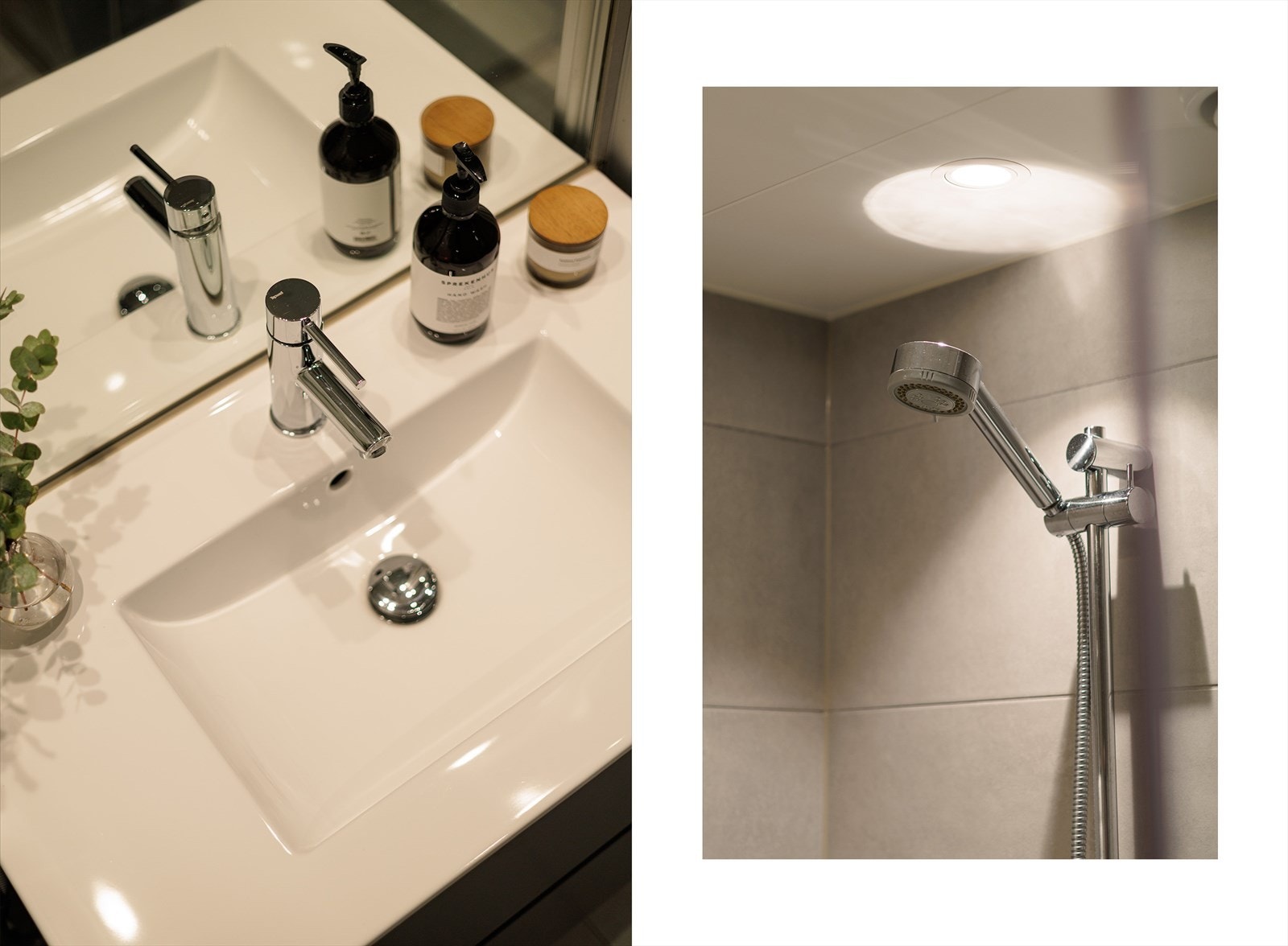 Badet er innredet med helservant på skuffeseksjon, dusjhjørne og vegghengt toalett. Galleribilde