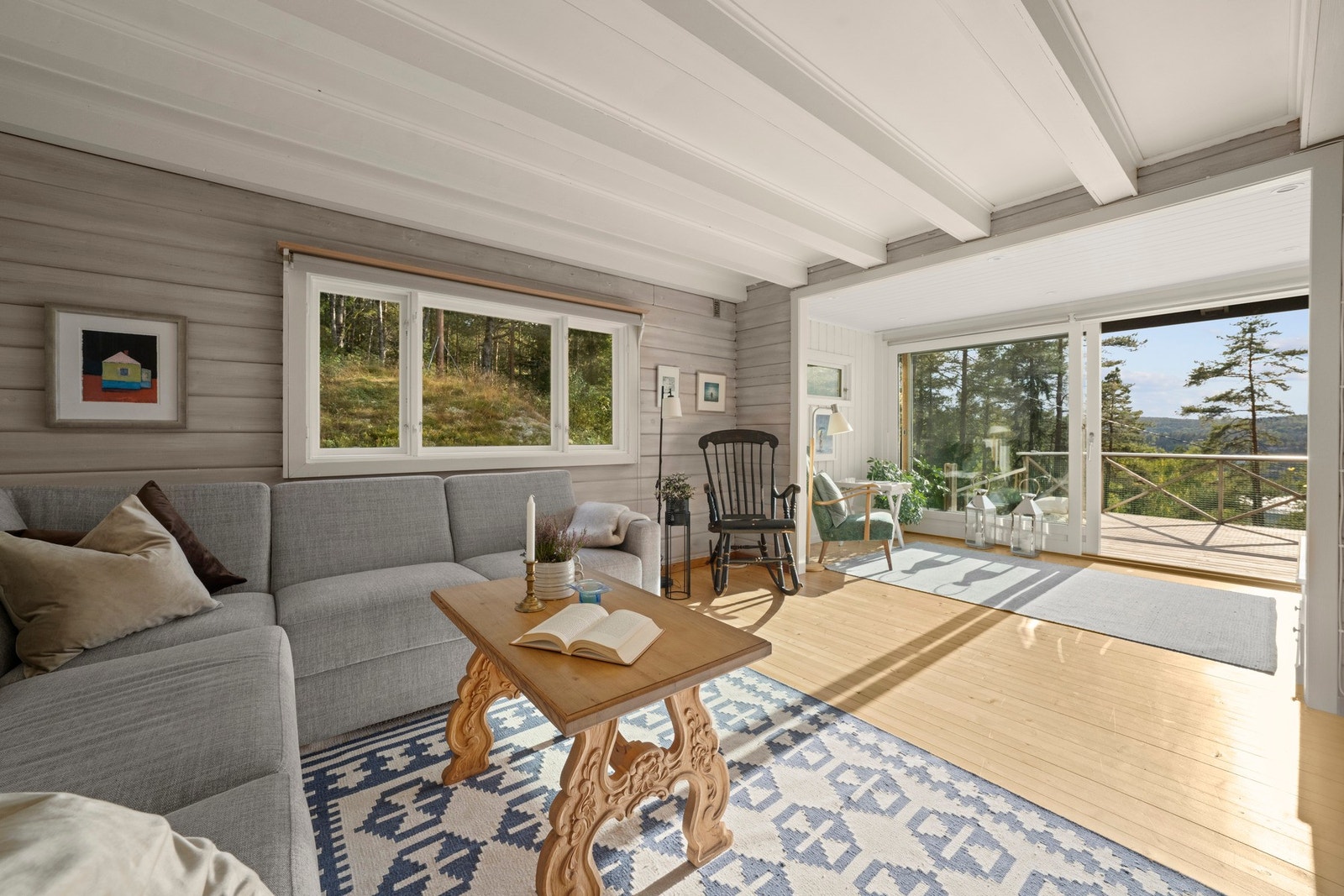 Lun og innbydende stue med sofa, peis og utgang mot terrassen. Galleribilde