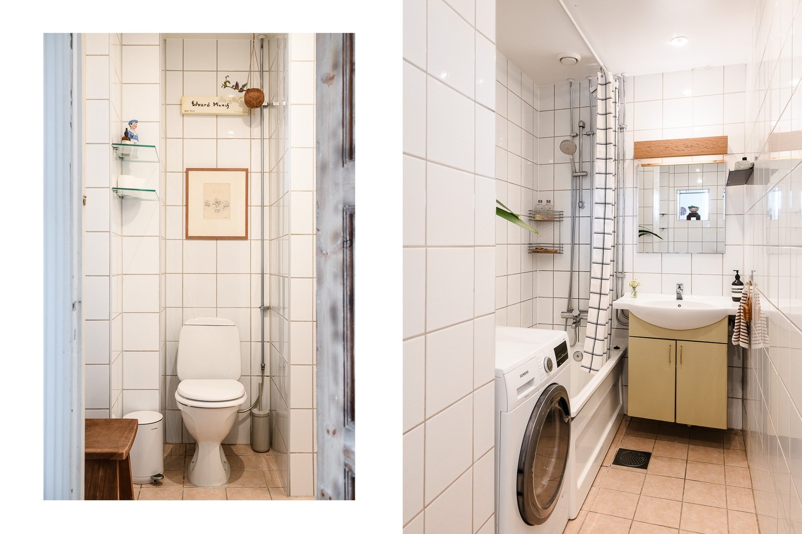 Badet er flislagt og innredet med badekar, heldekkende servant samt opplegg for vaskemaskin. Galleribilde