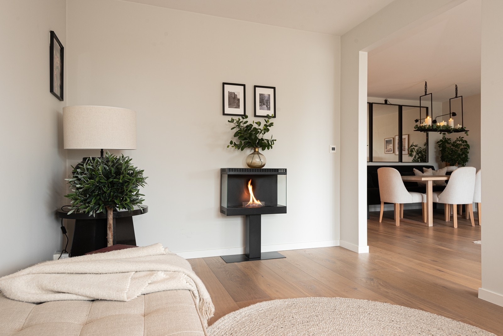 Det vil bli montert en dør med hvit ramme og fast glassfelt som står til boligens øvrige stil Galleribilde