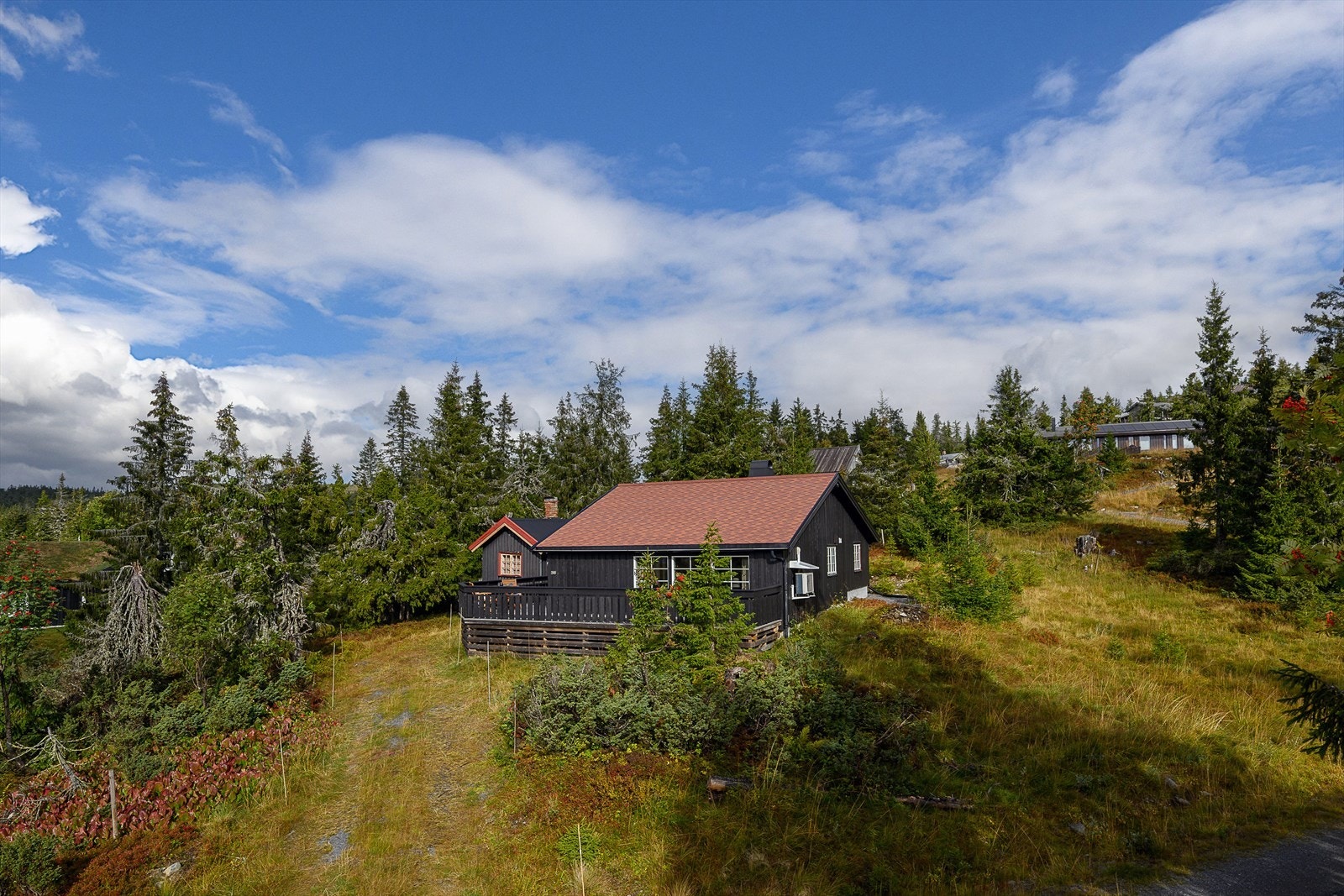 Hytta har mørkbeiset kledning, tak tekket med shingel og ligger fint plassert i terrenget. Galleribilde