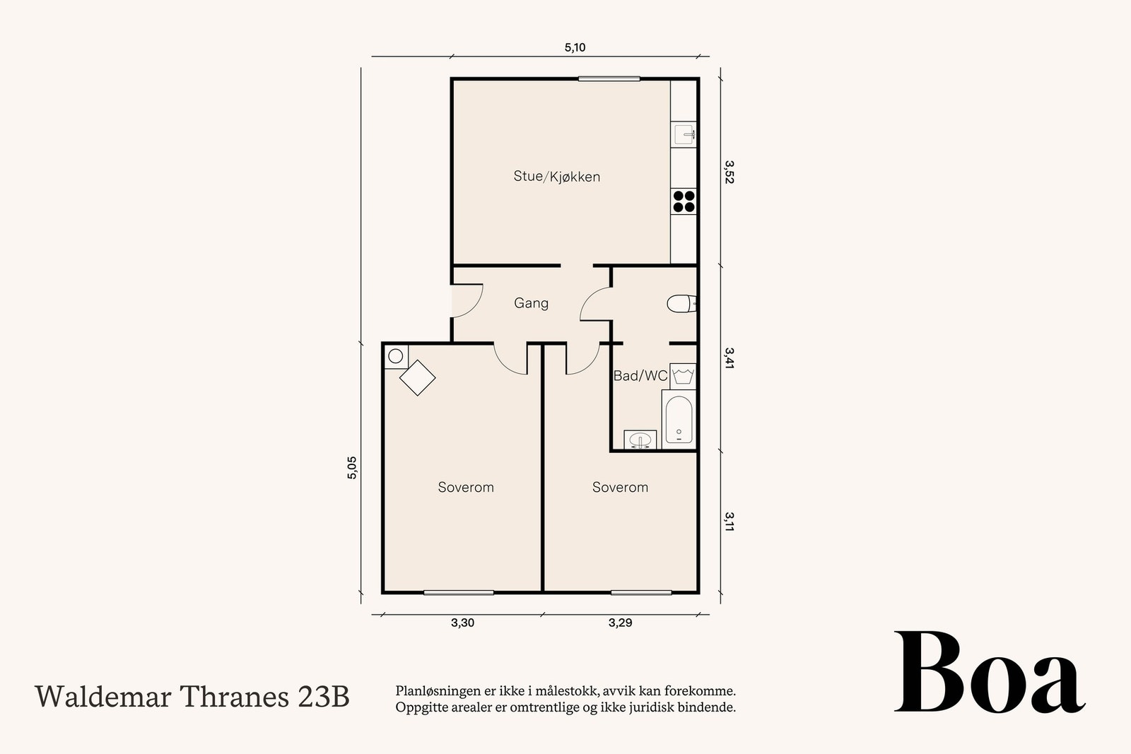 2.etasje: Entré, kjøkken/stue, to soverom og bad/wc. Galleribilde