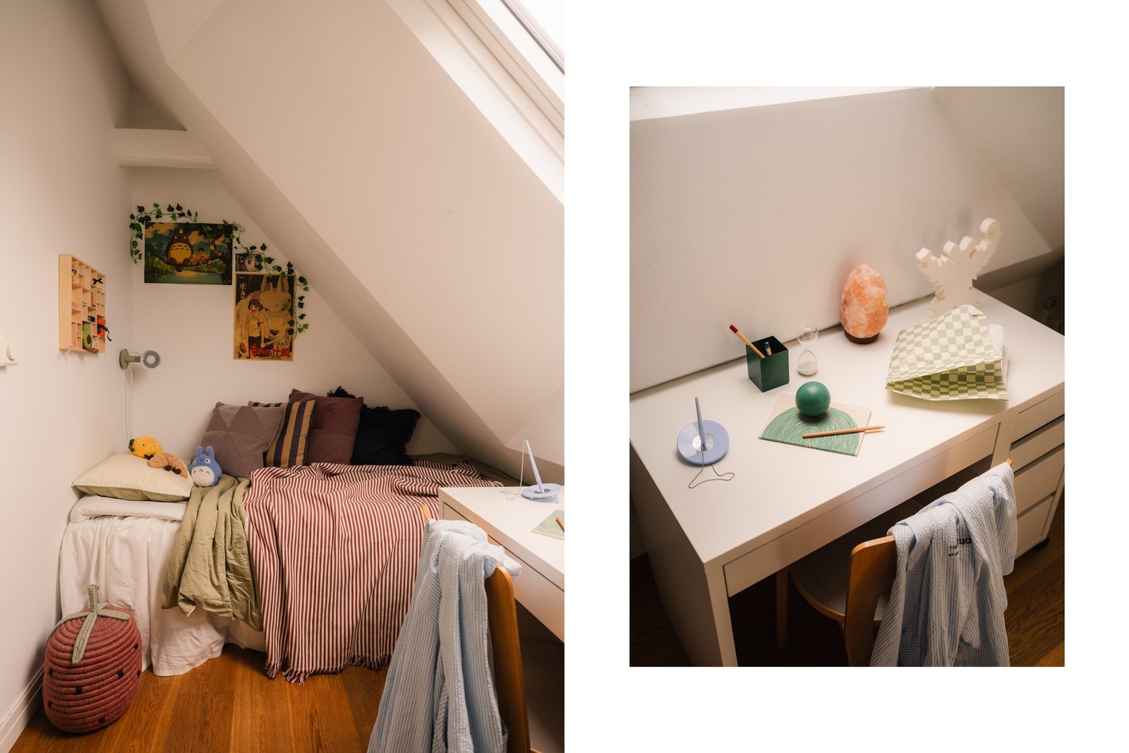 Praktisk romutnyttelse med skrivebord og seng under skråveggen. Galleribilde