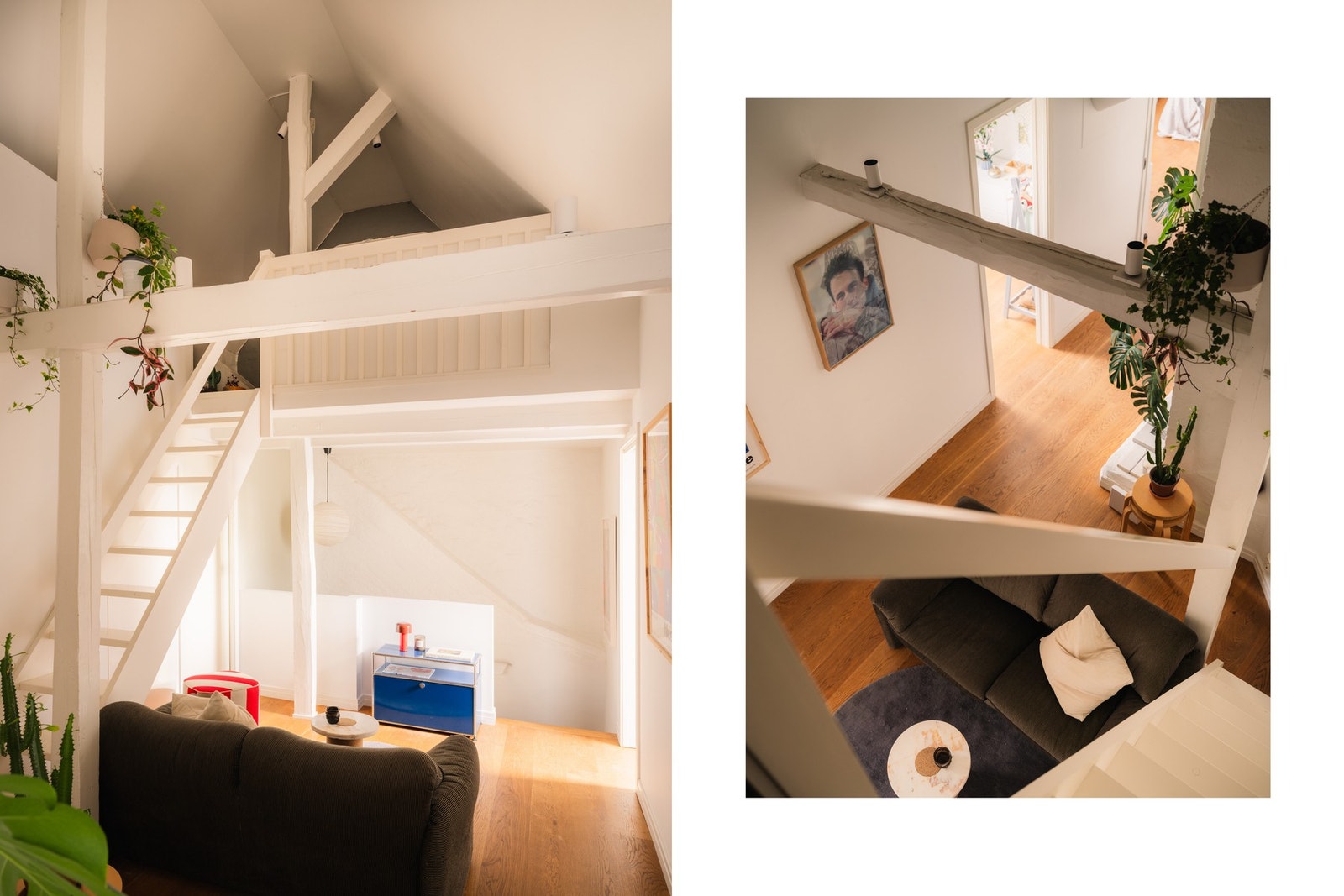 Åpen himling med synlige bjelker og tretrapp opp til hemsen. Galleribilde