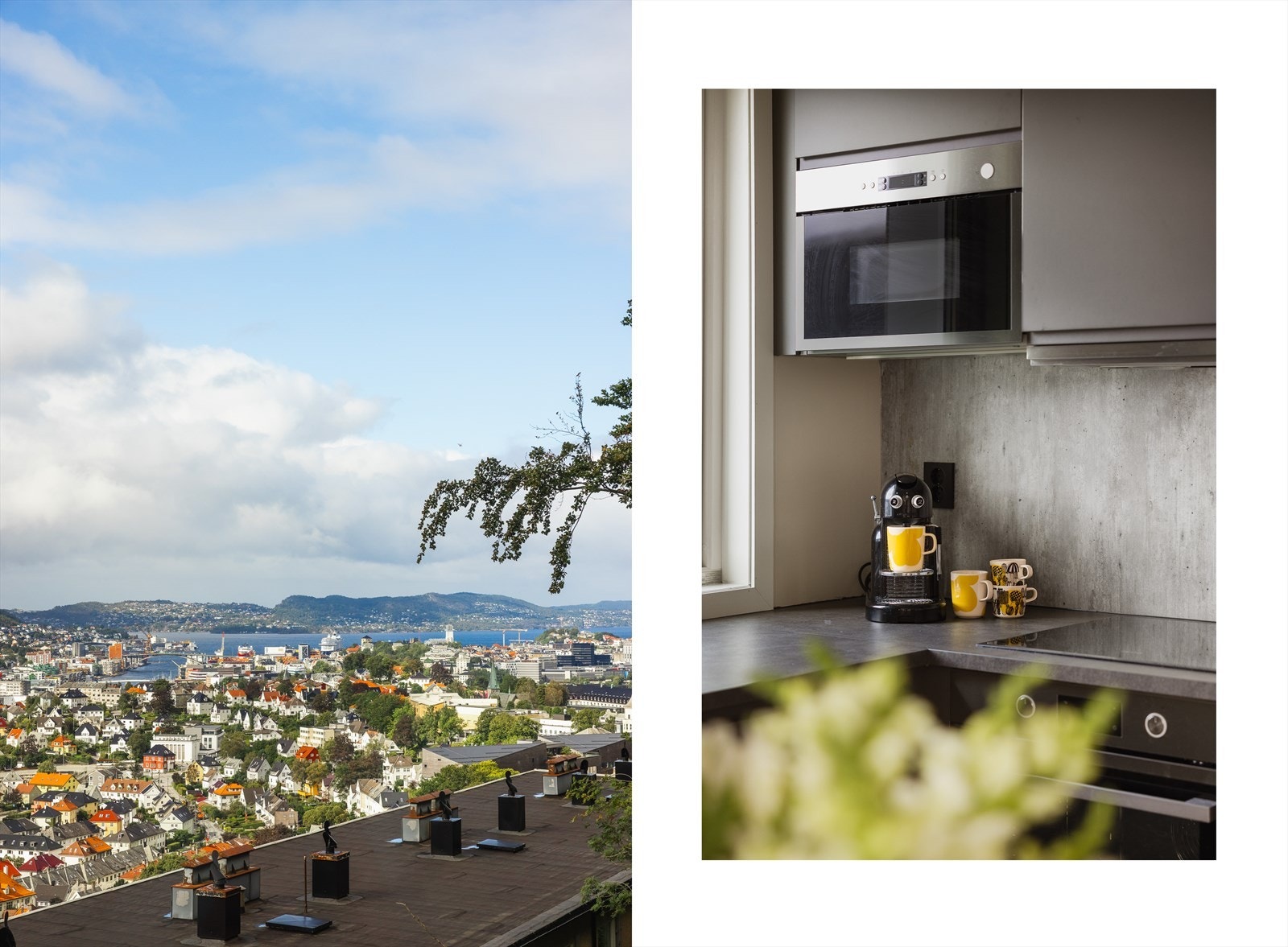 Vindu på kjøkken med nydelig utsikt inn mot Bergen Sentrum. Galleribilde