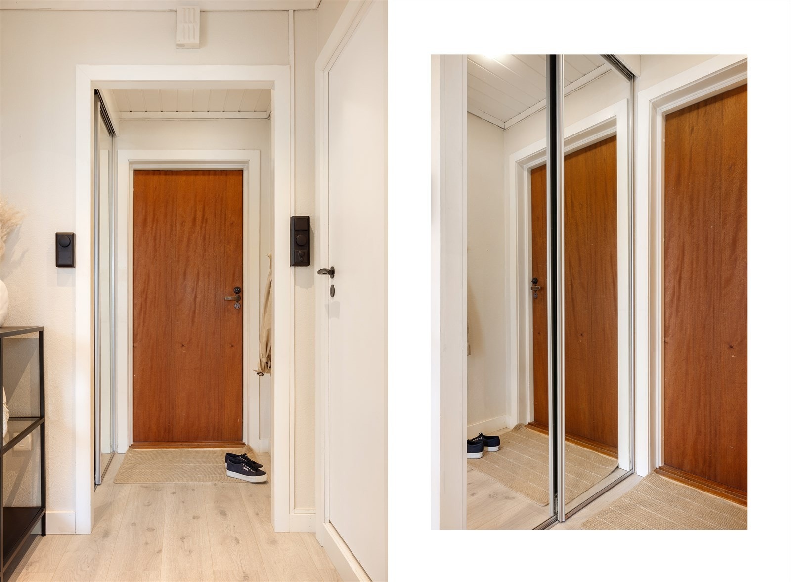 I entreen finnes det en praktisk skyvedørsgarderobe med speil i entre, montert i 2026 (kjøpt brukt). Galleribilde
