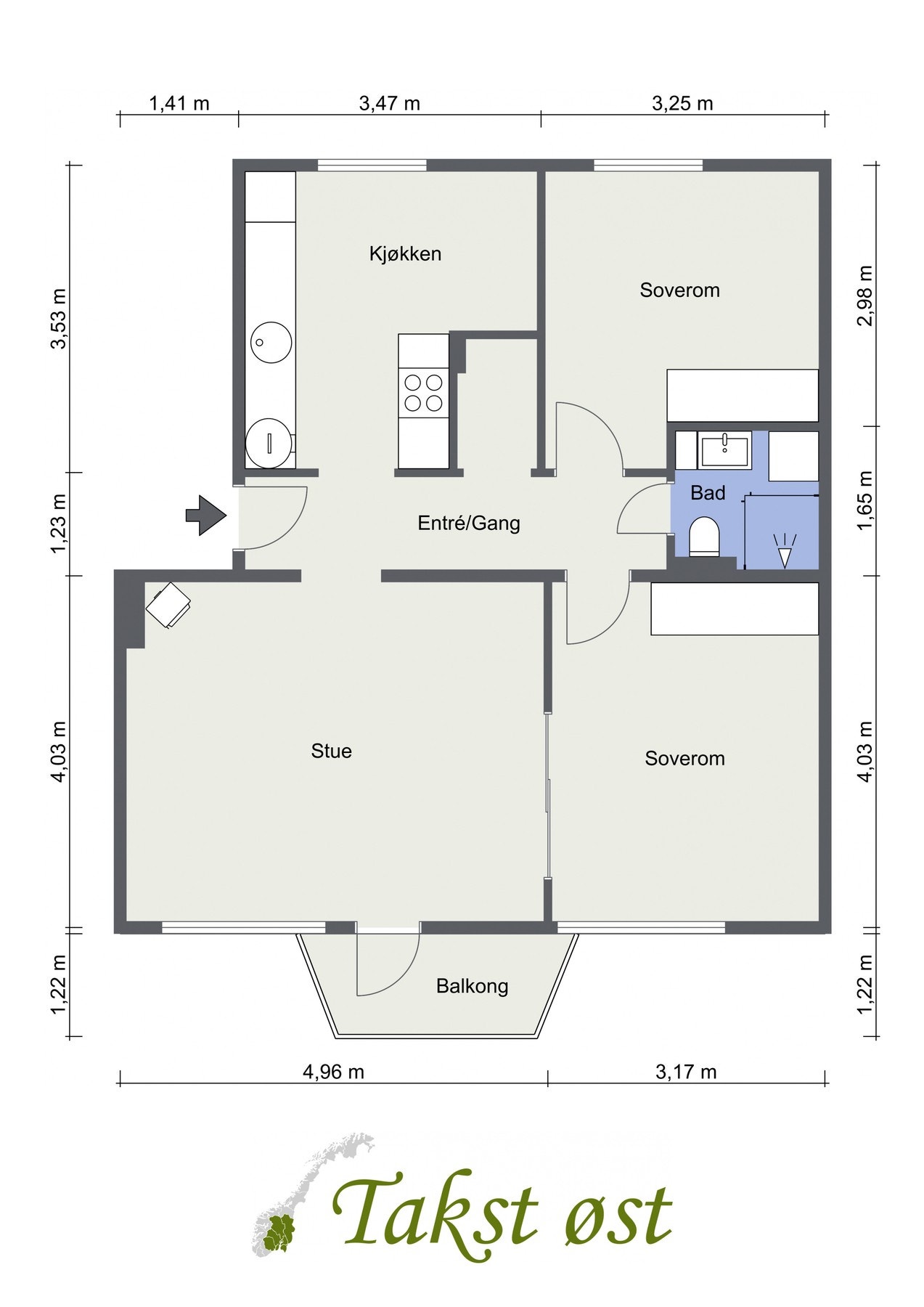 Plantegning av leiligheten. I tillegg medfølger det kjellerbod på 6 m2, samt en loftsbod på 5 m2 (gulvareal ca. 8 m2). Galleribilde