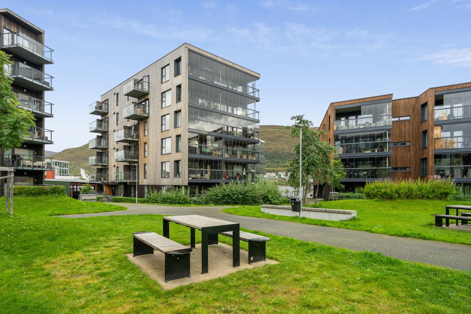 Opparbeidede fellesområder med gressplen, sittebenker og beplantning mellom byggene. Galleribilde