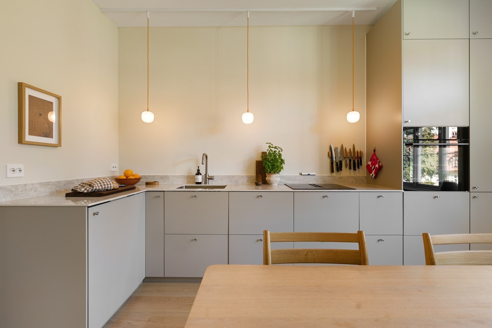 De integrerte hvitevarene består av stekeovn, induksjonstopp med kullfilterventilator, oppvaskmaskin og kjøl-/fryseskap. Det er også montert komfyrvakt over platetoppen. Galleribilde