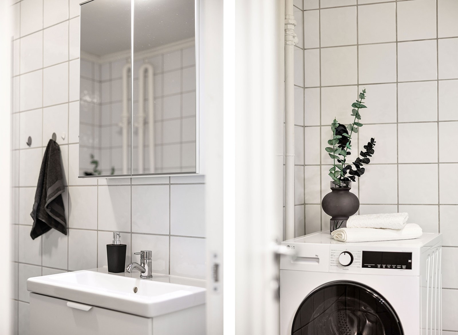 Badet er ellers utstyrt med dusjkabinett, baderomsinnredning med nedfelt servant, samt opplegg for vaskemaskin. Badet har naturlig ventilasjon og tilluft via spalte under dør. Galleribilde