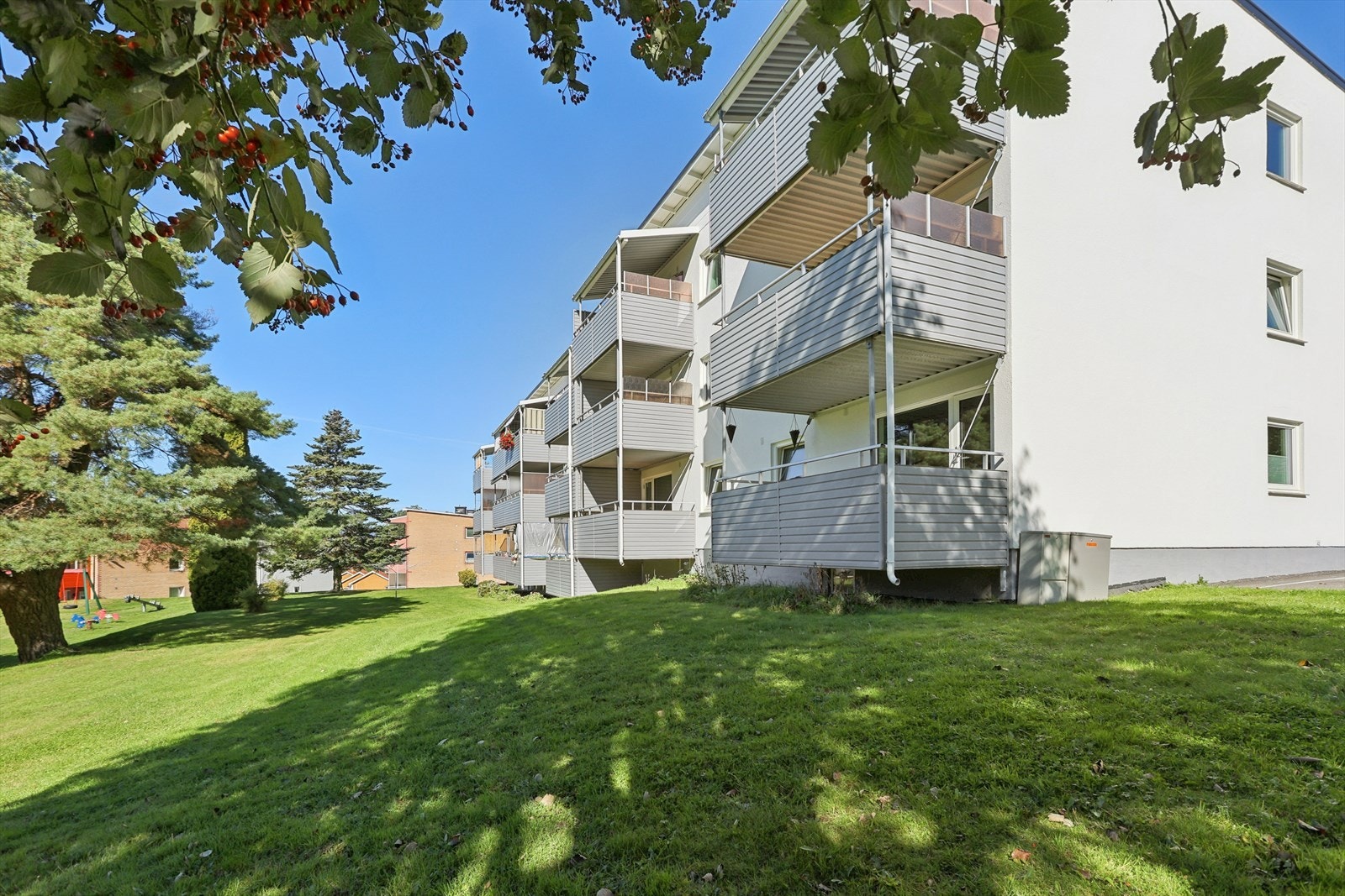 Velstelte fellesarealer med store plenområder rundt bygget. Galleribilde