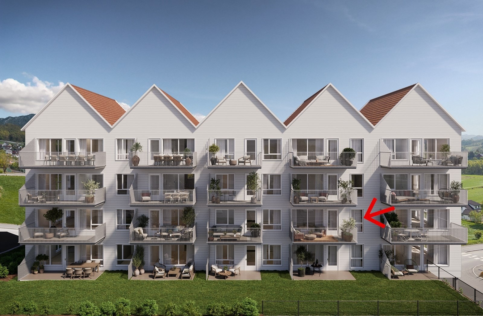 Her ligger leiligheten med en solrik terrasse Galleribilde