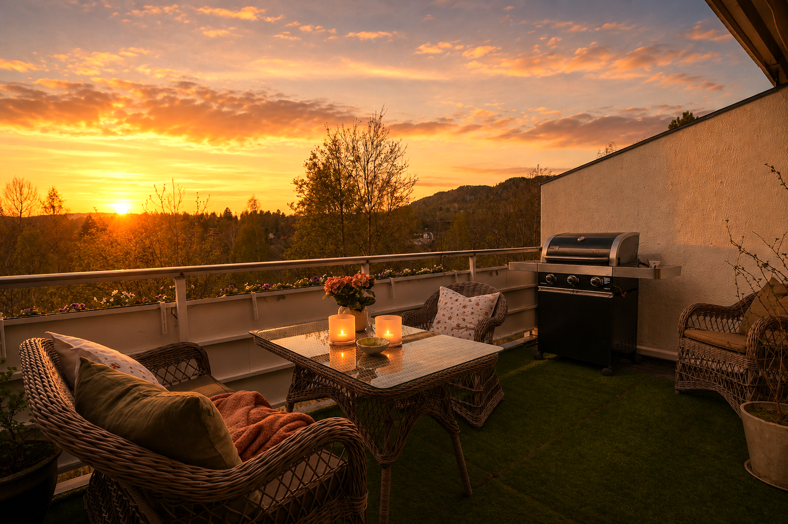 Balkongen fremstår som en herlig oase med god plass til både sittegruppe, spisebord og grill. Her kan du nyte lange sommerdager i usjenerte omgivelser. (Bildet er AI-redigert og avvik kan forekomme). Galleribilde