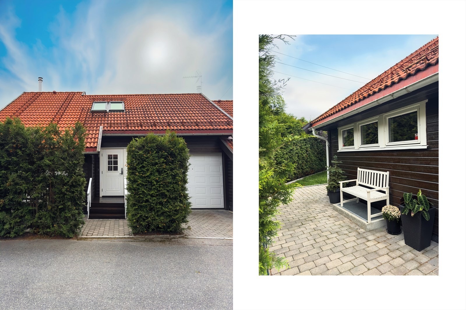 Det første som møter deg er hyggelige uteområder og et pent inngangsparti. Garasje med elbil lader Galleribilde