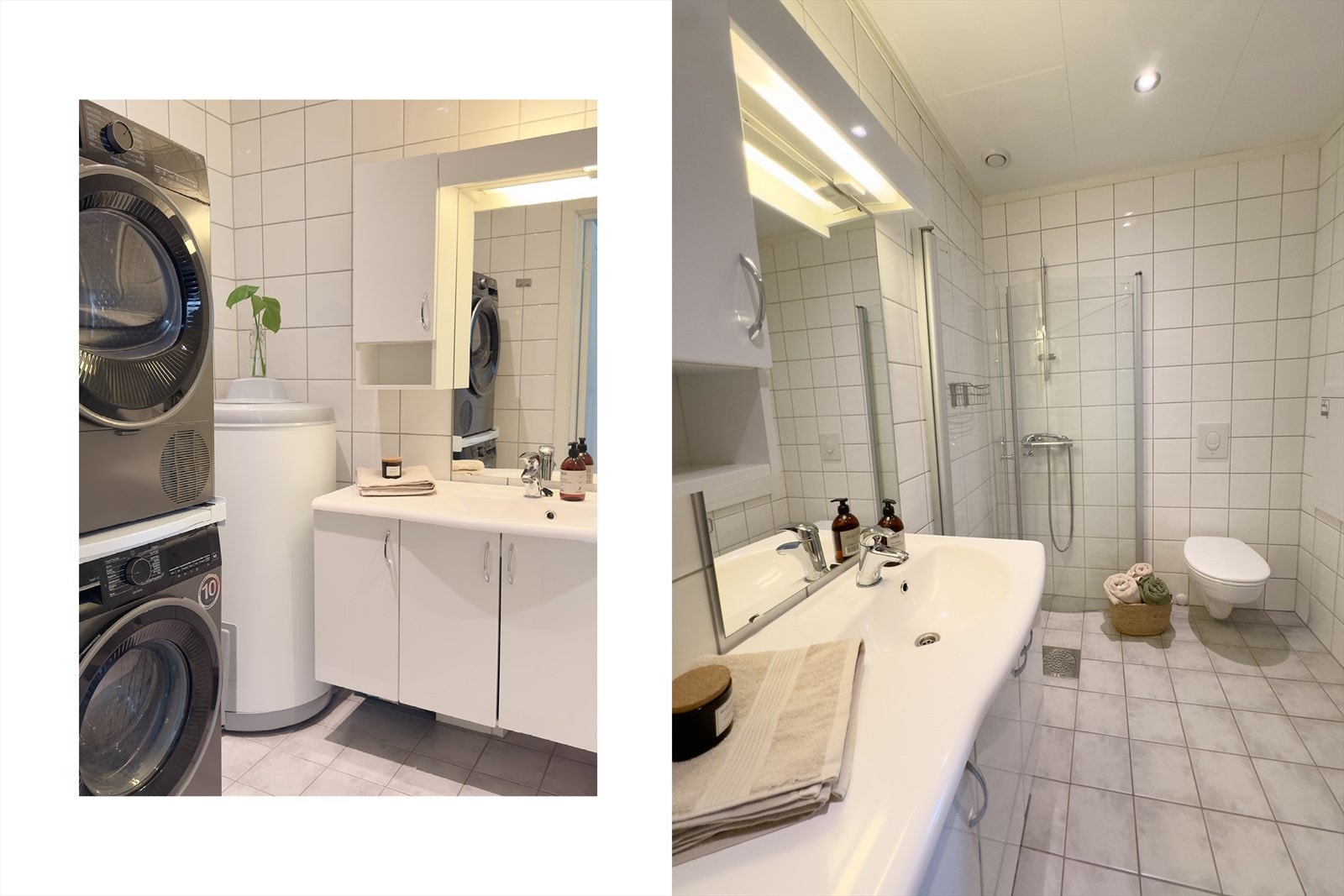 Flislagt bad med elektrisk varmekabler i gulv og opplegg for vaskemaskin Galleribilde
