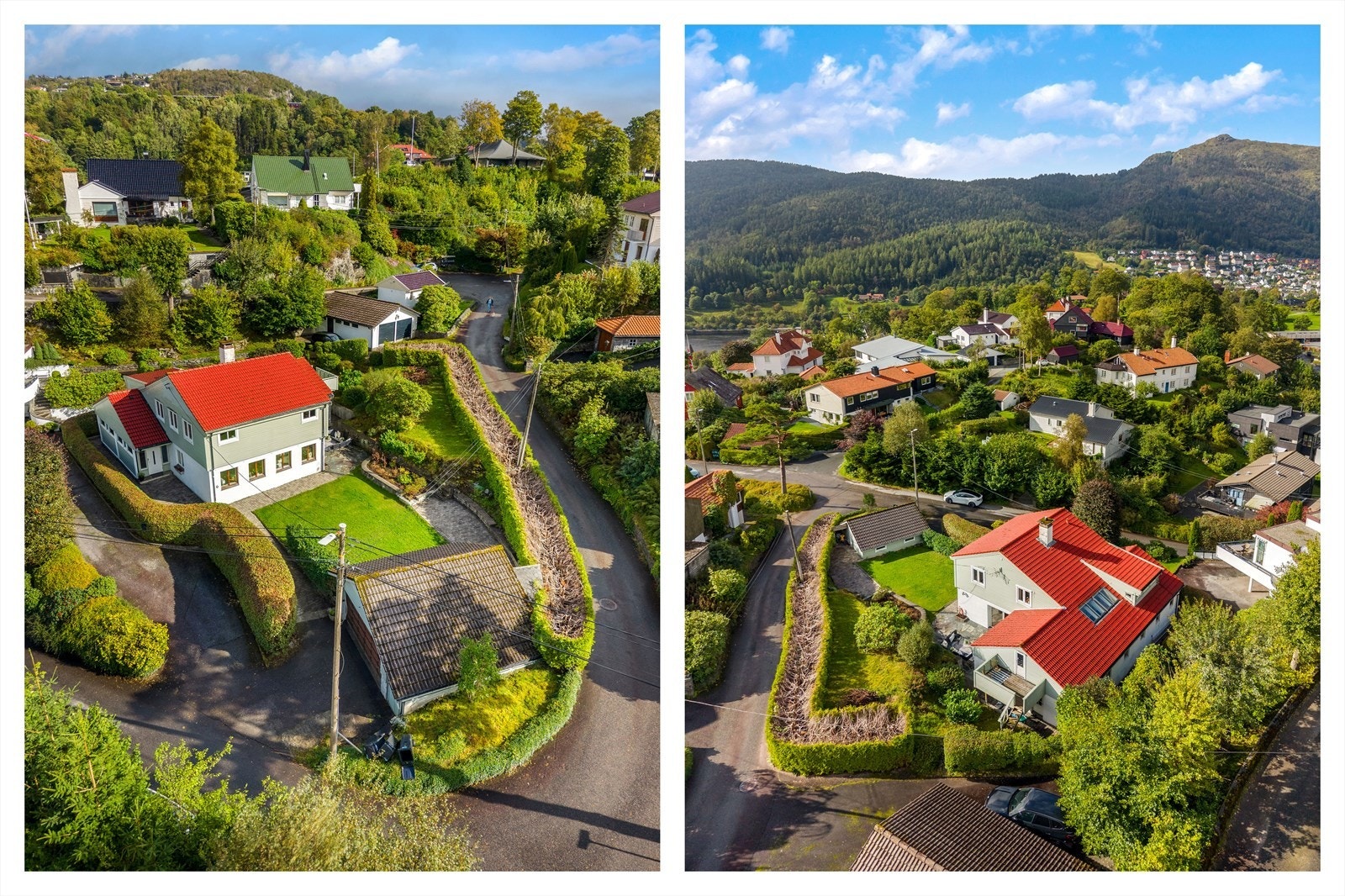 Dronebildene gir et godt inntrykk av eiendommens attraktive beliggenhet i et veletablert og grønt villaområde. Boligen ligger på en romslig tomt med pent opparbeidede uteområder og gode solforhold Galleribilde