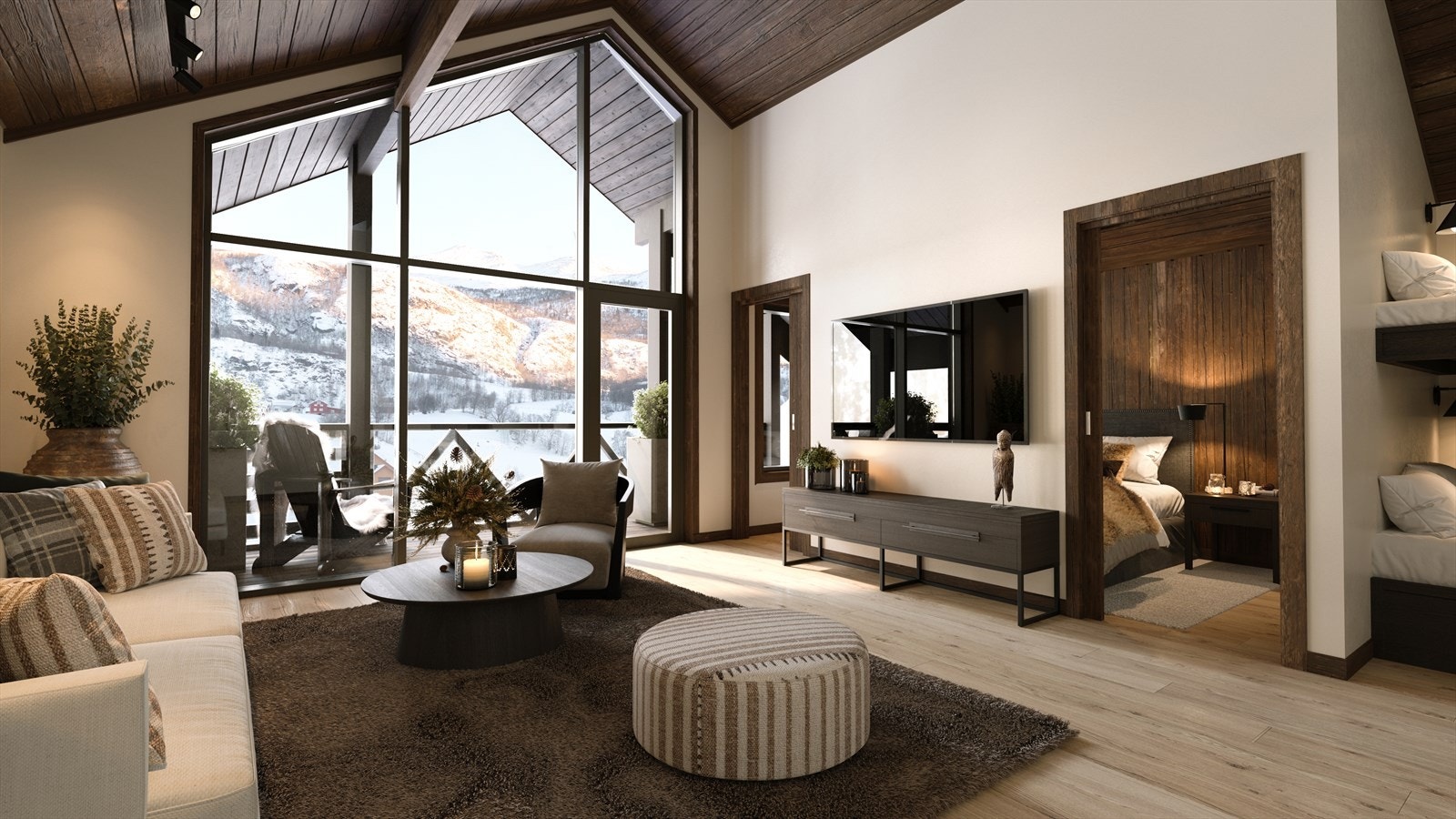 Generell illustrasjon fra stue som viser standard leveranse med enstavs parkett og vegger malt i fargen Kalk Galleribilde