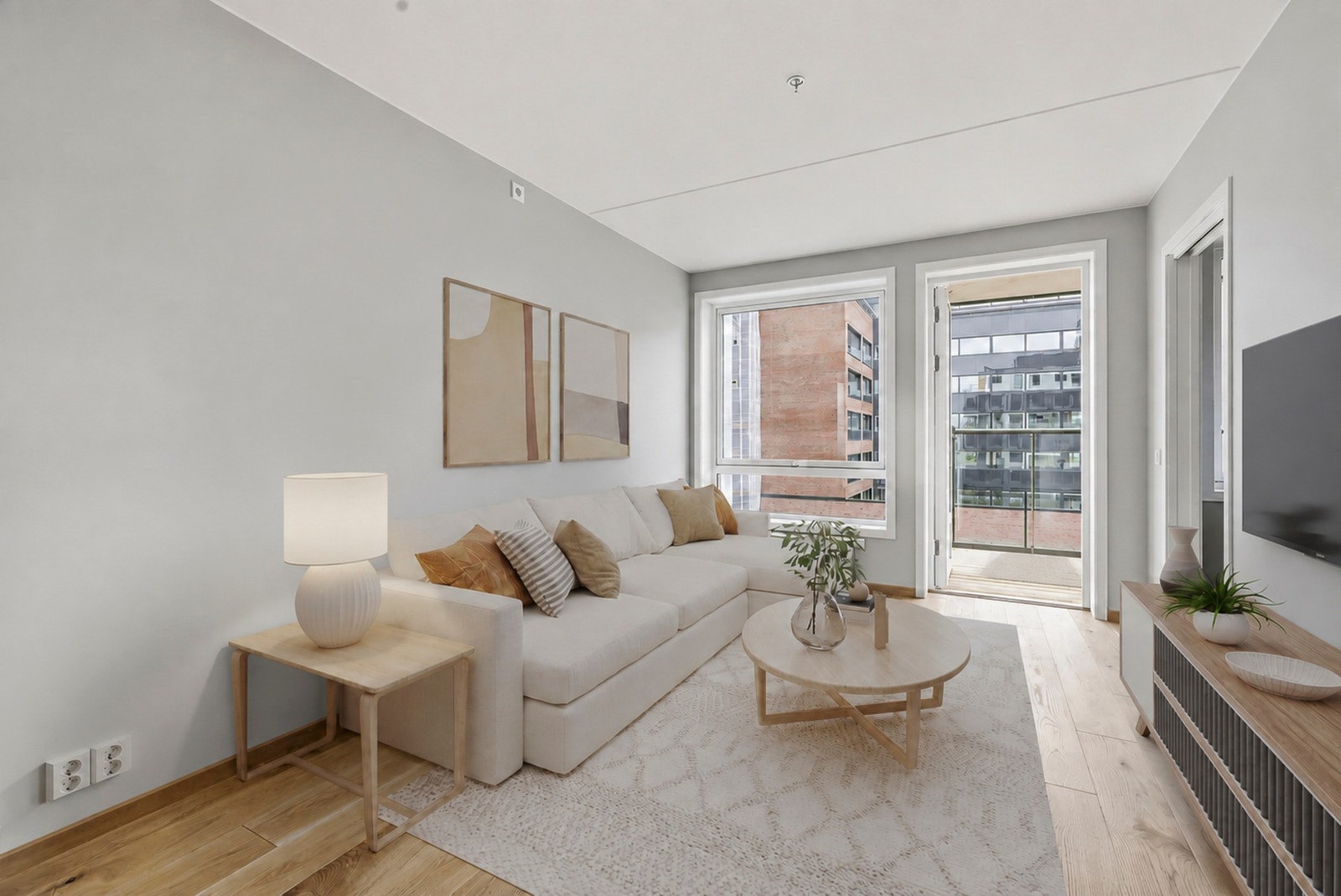 En splitter ny og rålekker 2-roms hjørneleilighet fra 2026. (Bildet er AI- generert med styling). Galleribilde