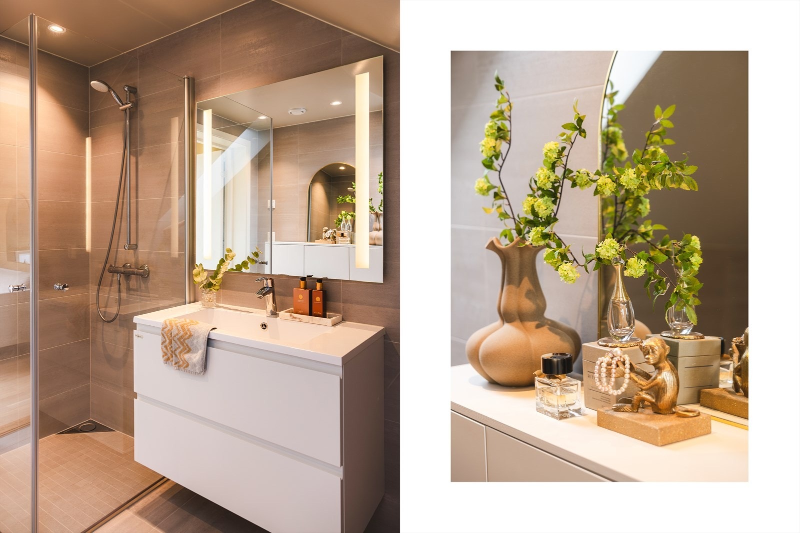 Badet er utstyrt med nedfelt servant med baderomsmøblement, speil med lys, veggmontert toalett, og dusjhjørne. Galleribilde