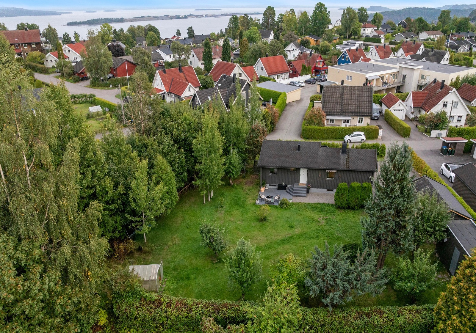 Tomt på hele 1 111 kvm med flat plen, frukttrær og drivhus. Plass til trampoline, ballspill og kjøkkenhage samtidig. Galleribilde