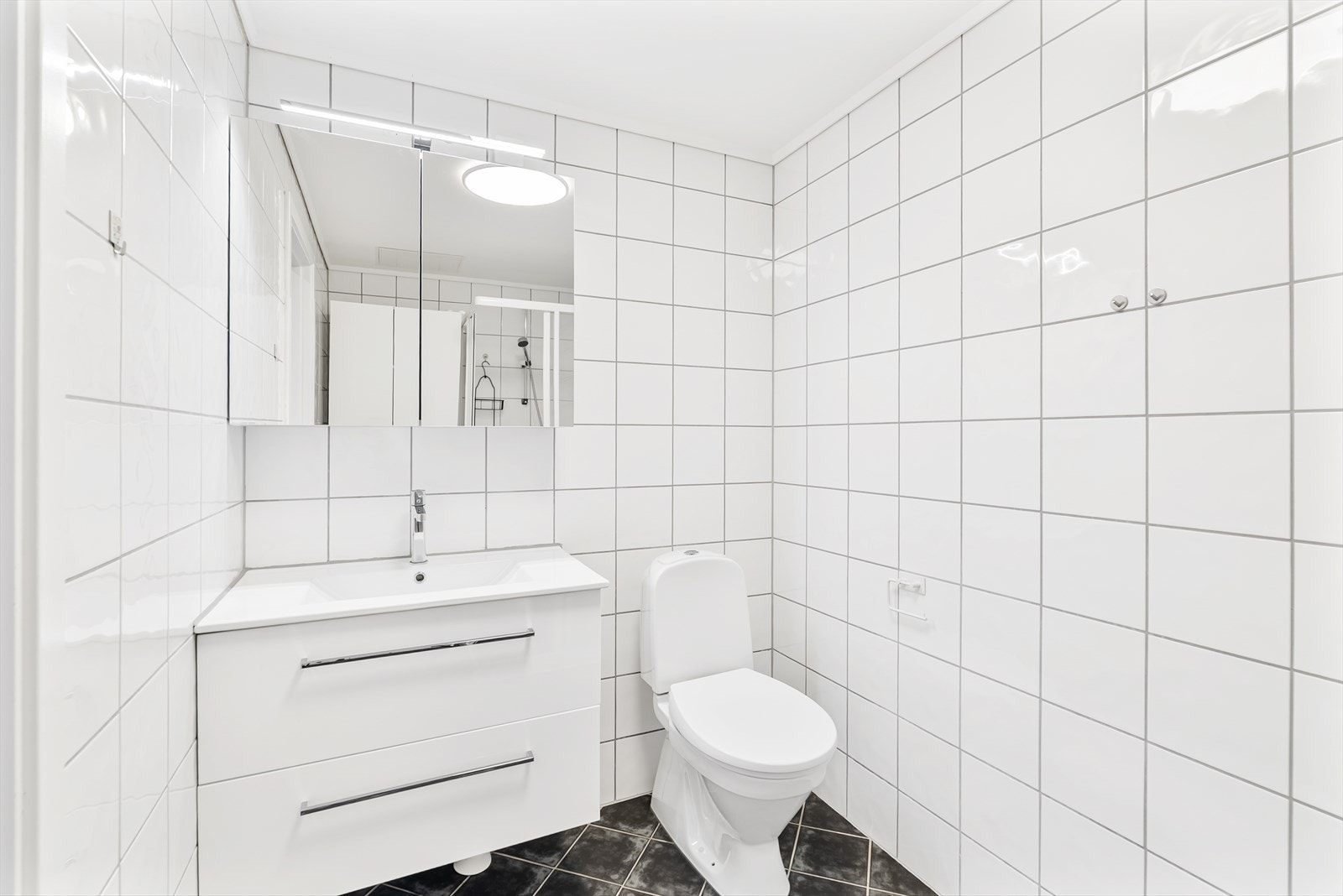 Hovedbadet er flislagt og utstyrt med servantmøbel, speil og toalett. Galleribilde