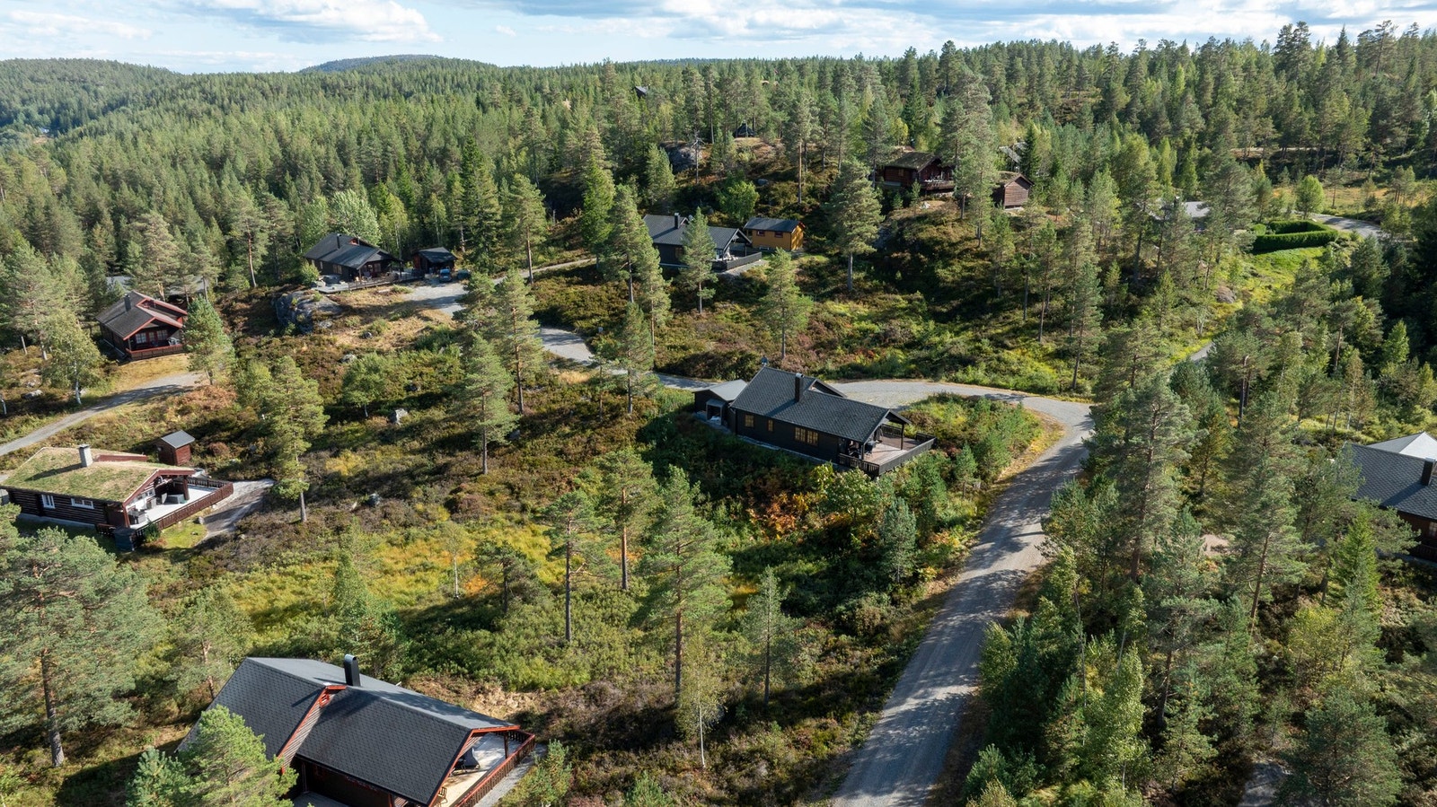 Fantastisk oversiktsbilde av hyttefeltet, naturskjønne omgivelser med spredt bebyggelse og vakker fjellnatur. Galleribilde