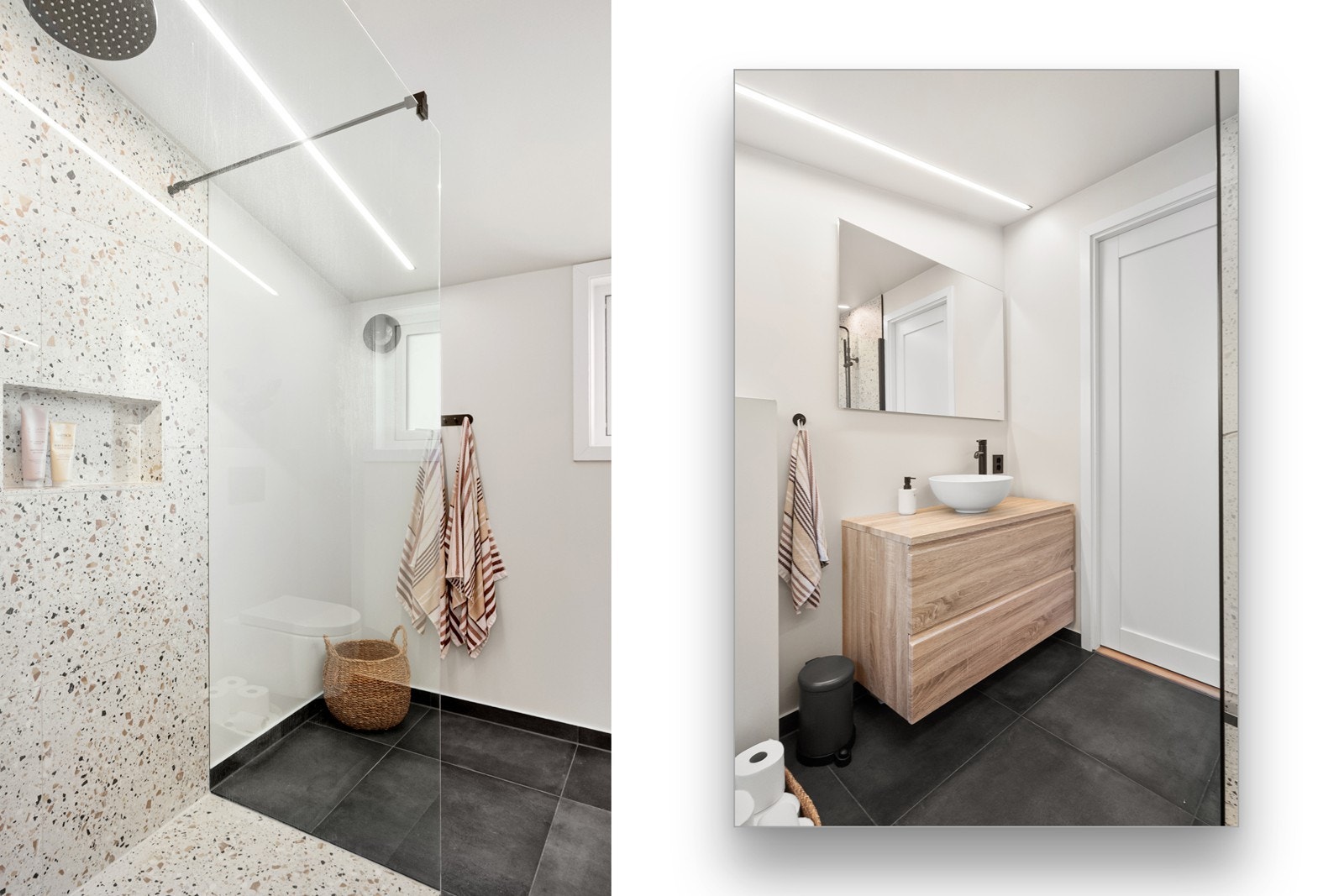 Badet har et moderne og særpreget uttrykk med store, mørke gulvfliser og terrazzo-fliser i dusjsonen. Galleribilde