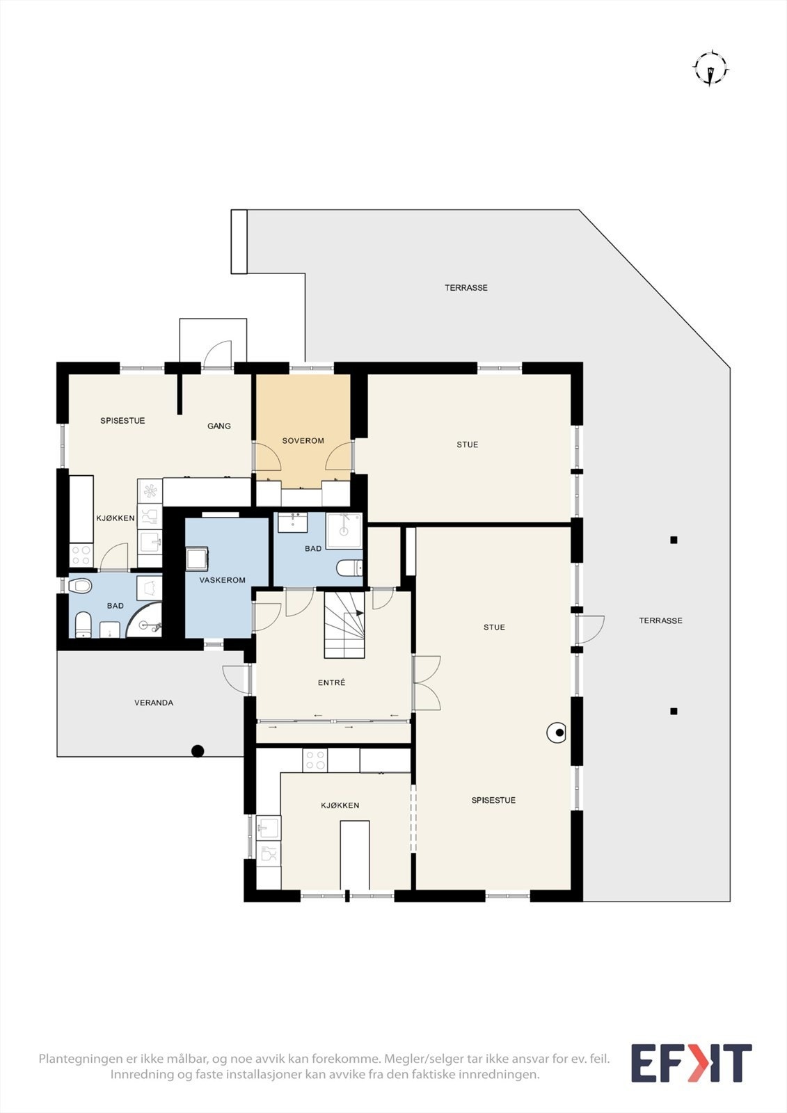 Første etasje rommer stue, kjøkken, bad og vaskerom i hoveddelen, samt en utleiedel på ca. 50 m². Galleribilde