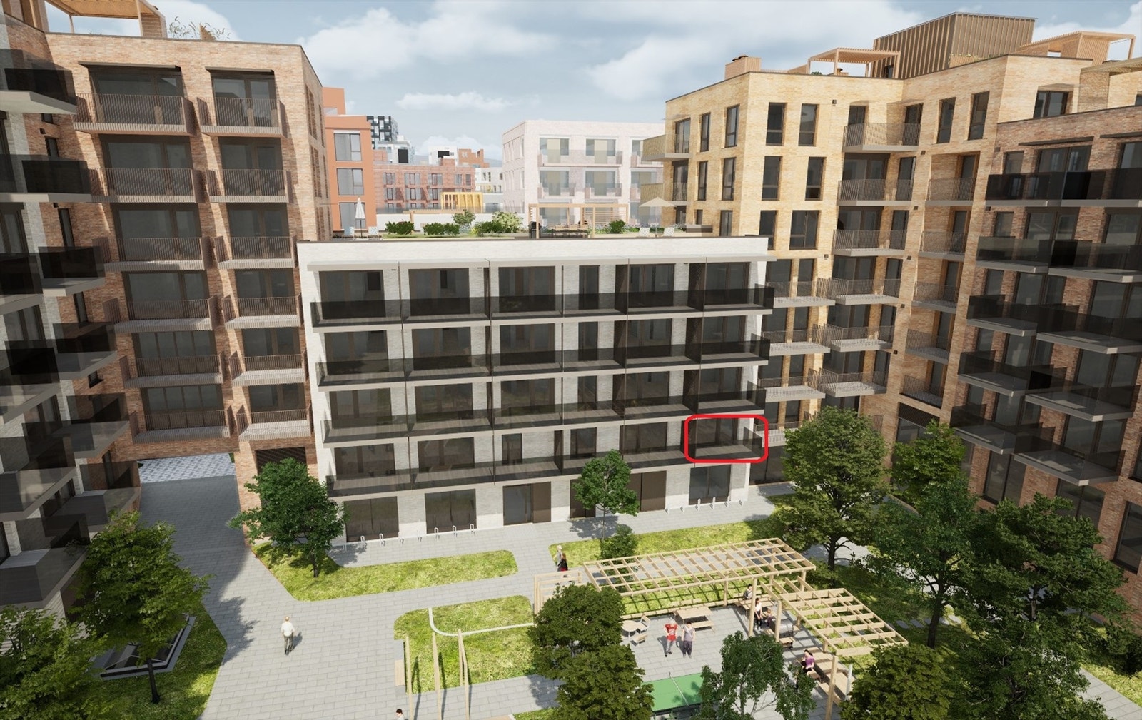 Lekker og arealeffektiv 2-roms i Mariakvartalet med stor, sørvestvendt balkong på 9 m² mot den skjermede og grønne byhagen. Markering av leilighetens beliggenhet. Illustrasjon - Avvik kan forekomme. Galleribilde