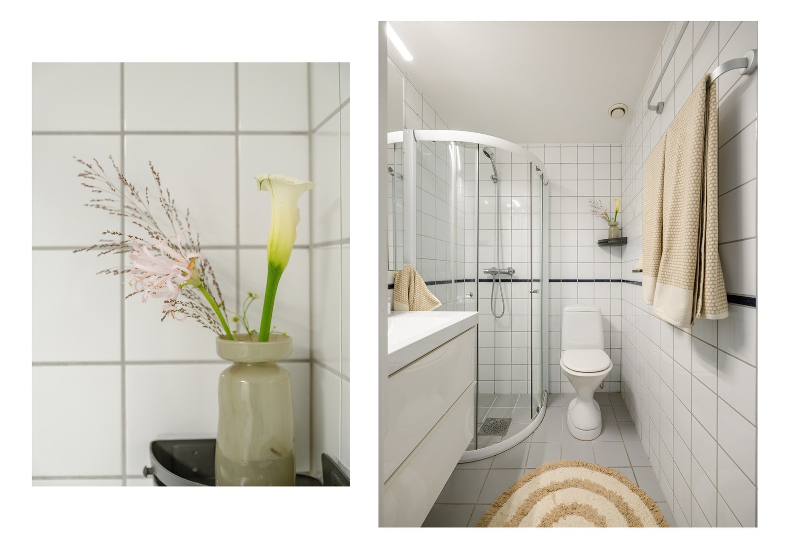 Badet er pent flislagt og består av vegghengt servant, speilskap, toalett og dusjhjørne. Galleribilde
