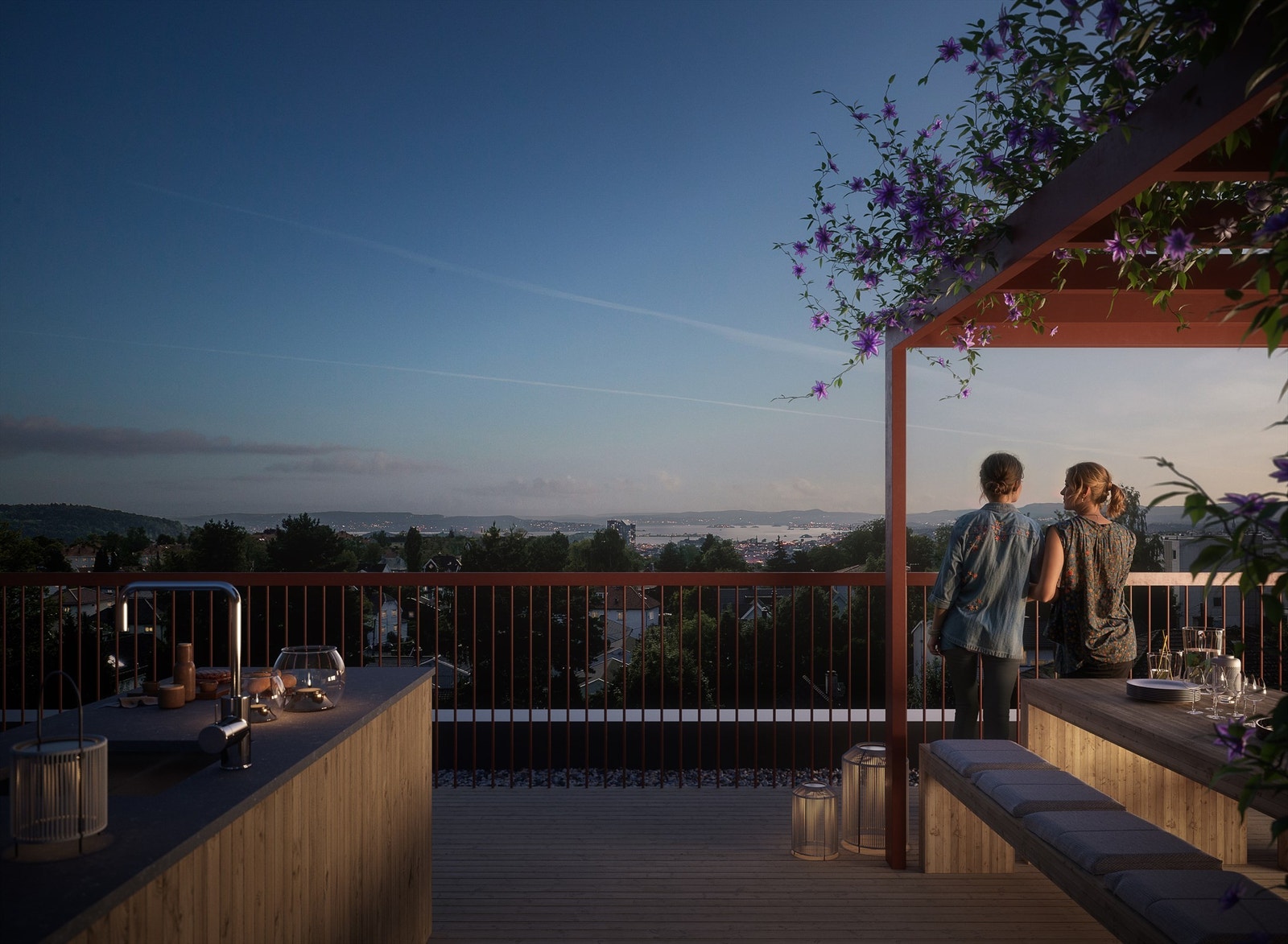 Illustrasjon | Haslevangen vil inneholde tre felles takterrasser med ulike temaer, enkelte leiligheter vil også ha private takterrasser. Høyt, luftig og med utsikt over by og fjord. Avvik kan forekomme. Galleribilde
